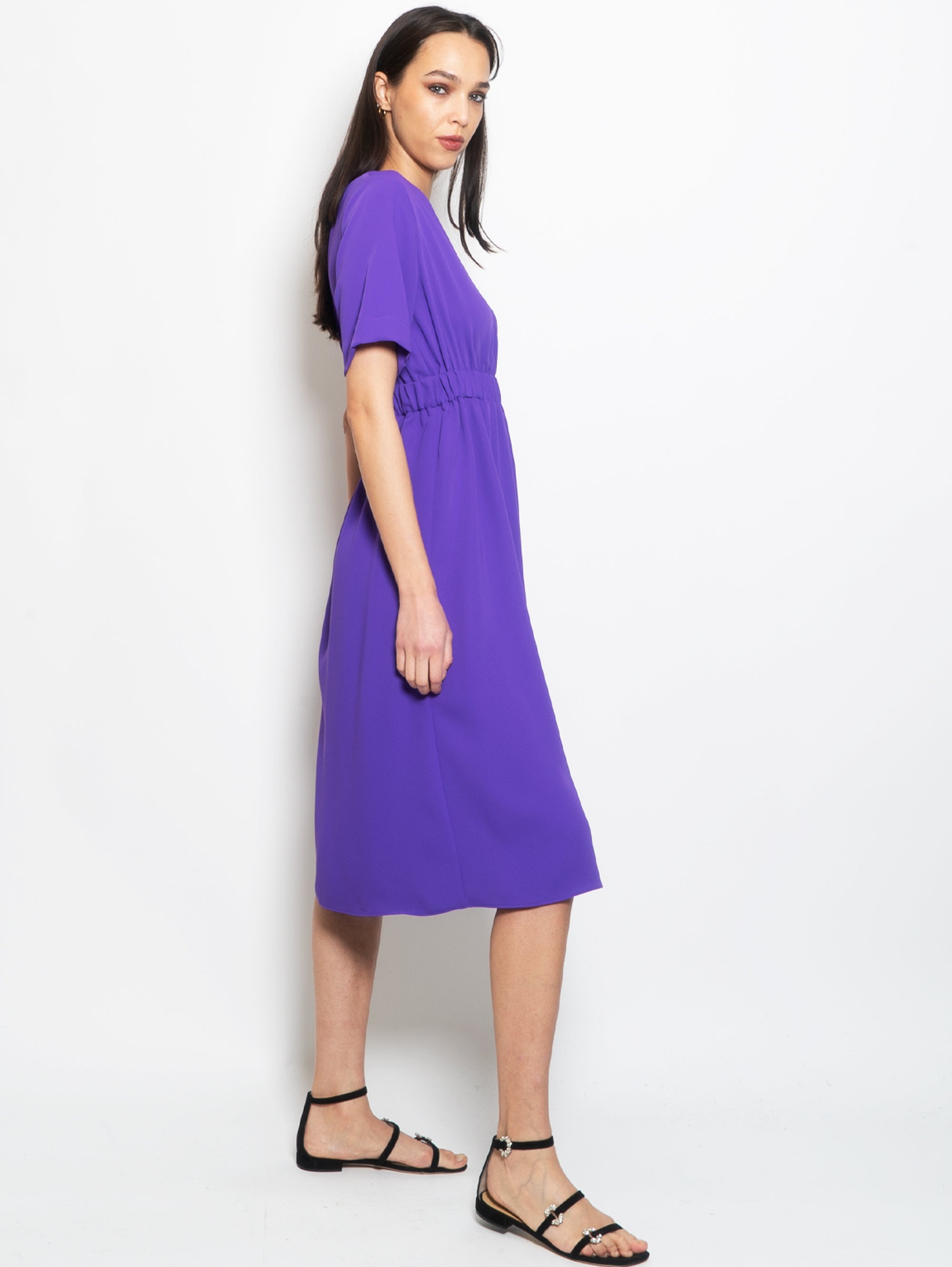 Midi Dress with Purple Short Sleeves