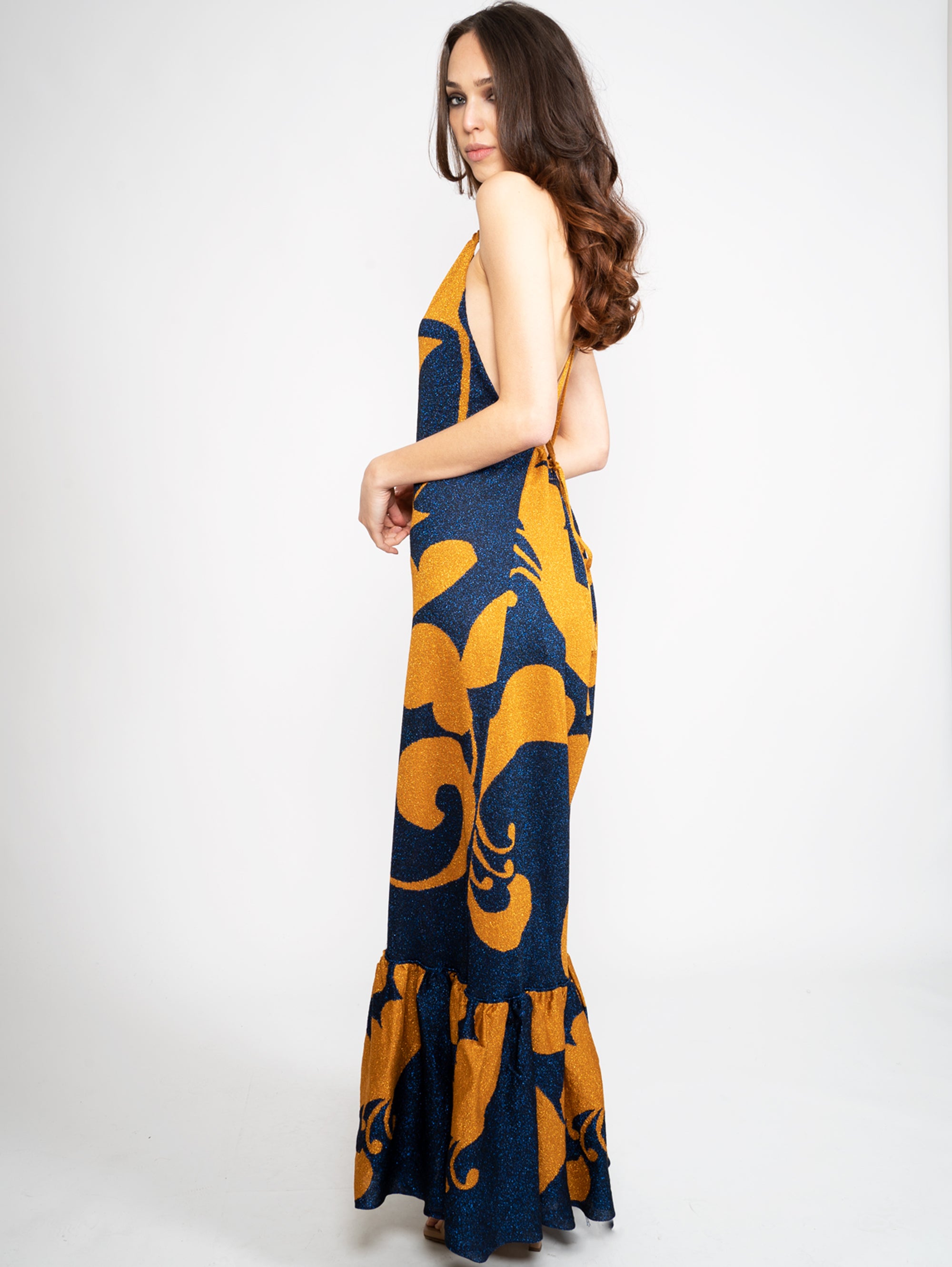 Langes Kleid aus blau/braunem Lurex