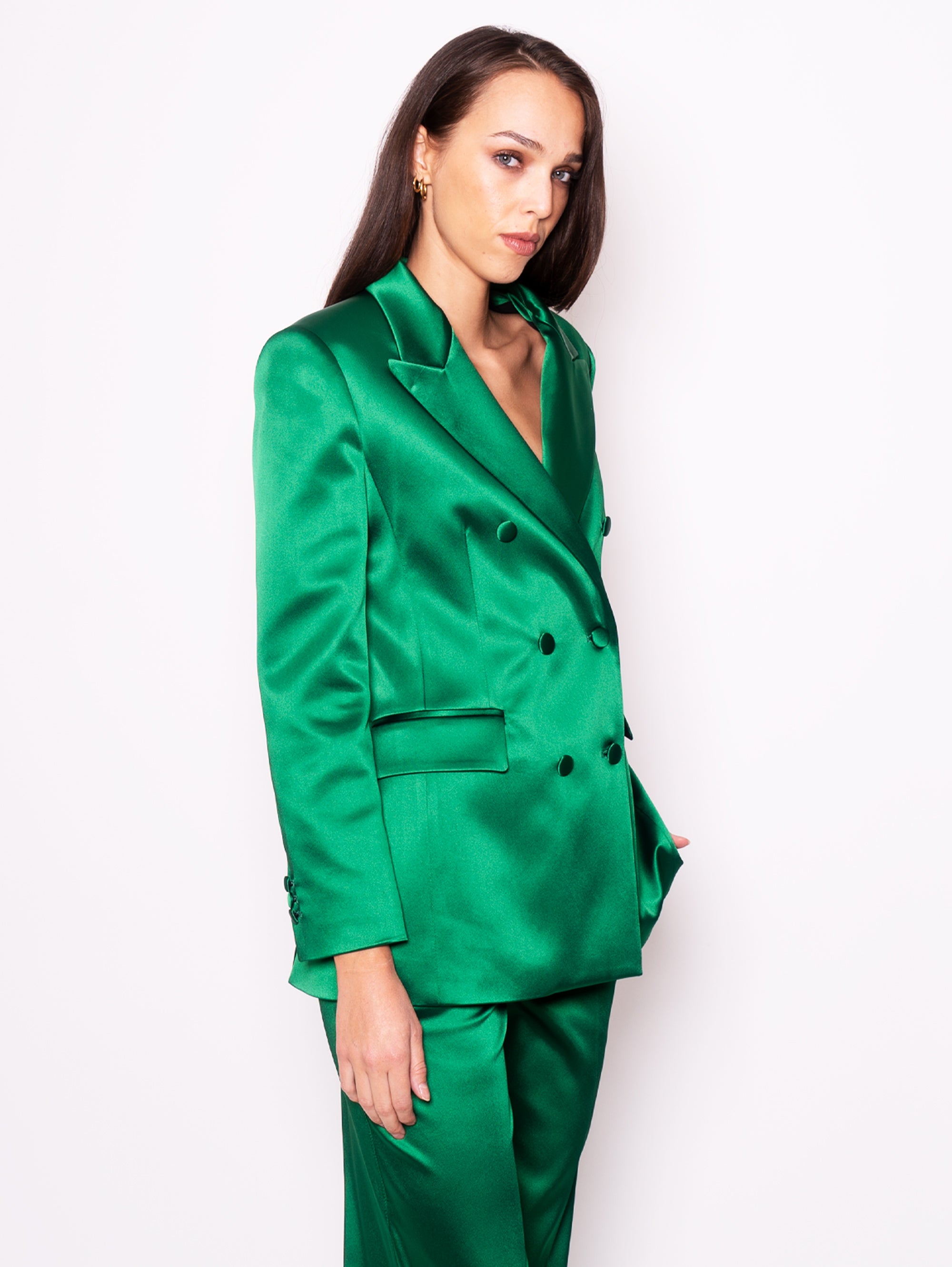 Double Breasted Jacket in Green Satin