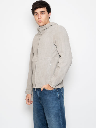 Giacca con Cappuccio in Suede Grigio Chiaro