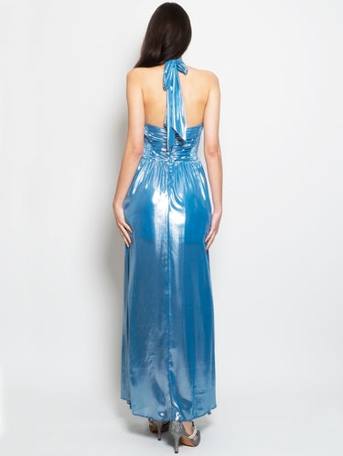 Lange gelamineerde jurk in blauw