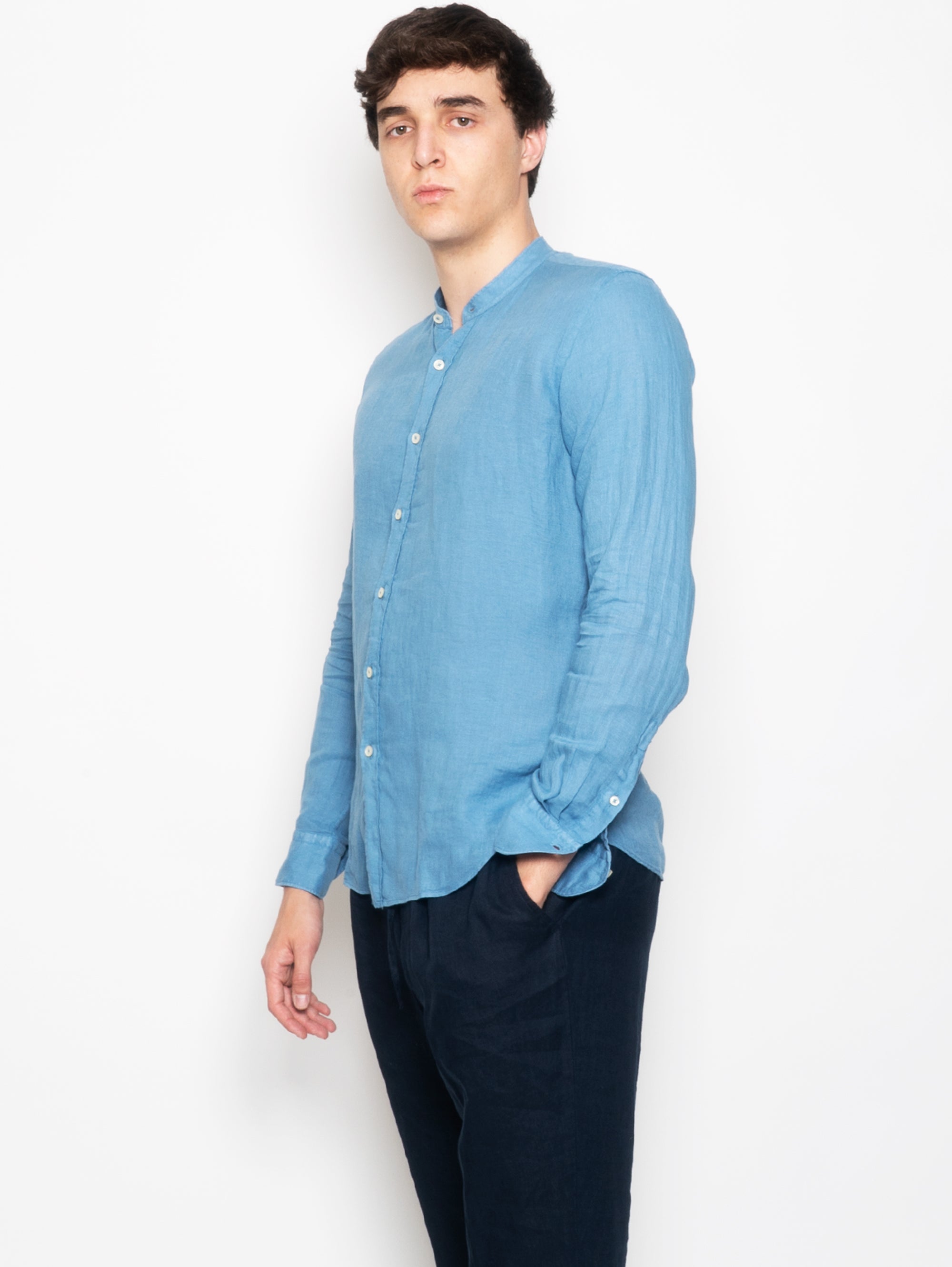 Mandarin Shirt in Blue Linen