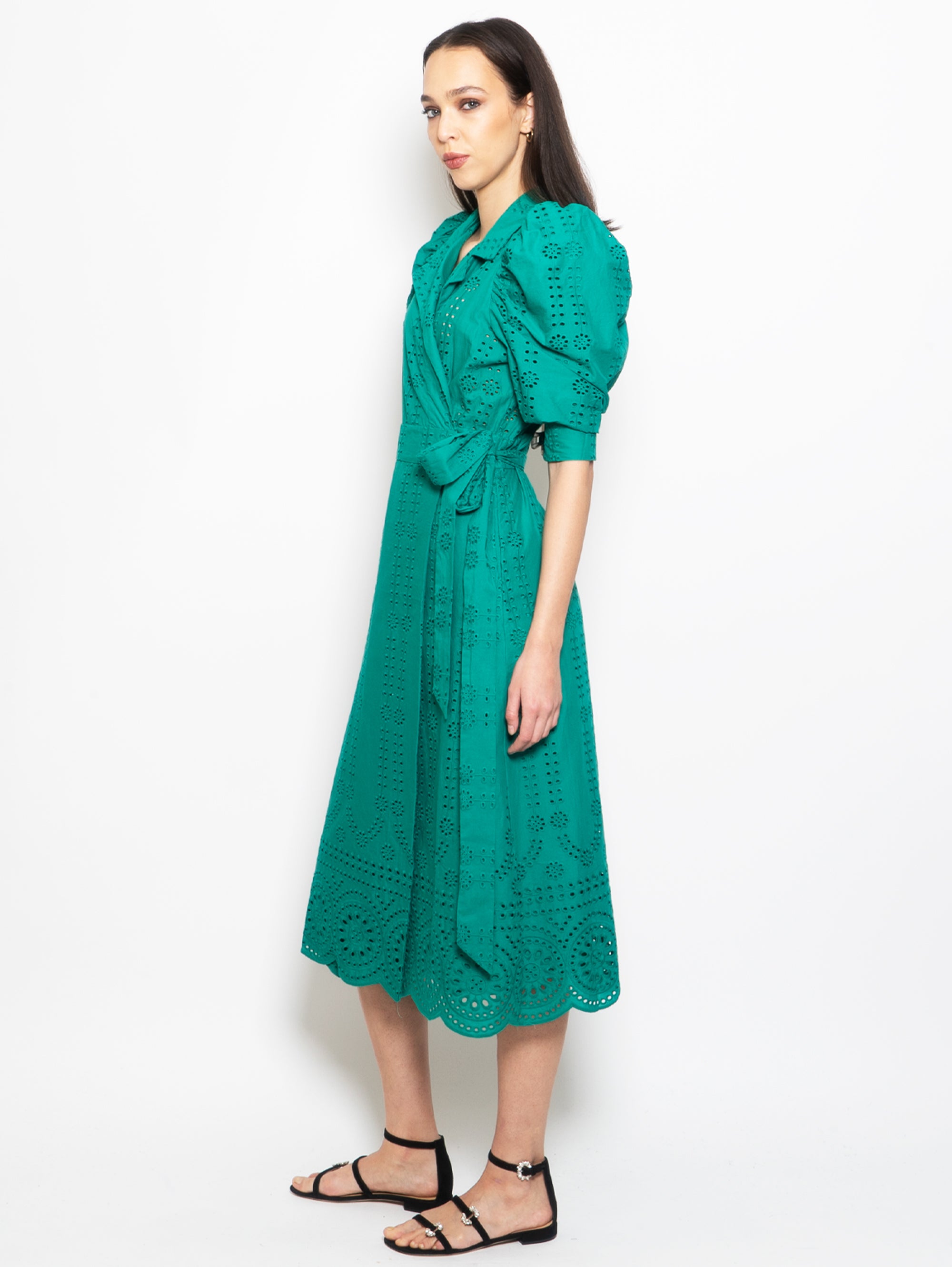 Midi Wrap Dress with Green Embroideries