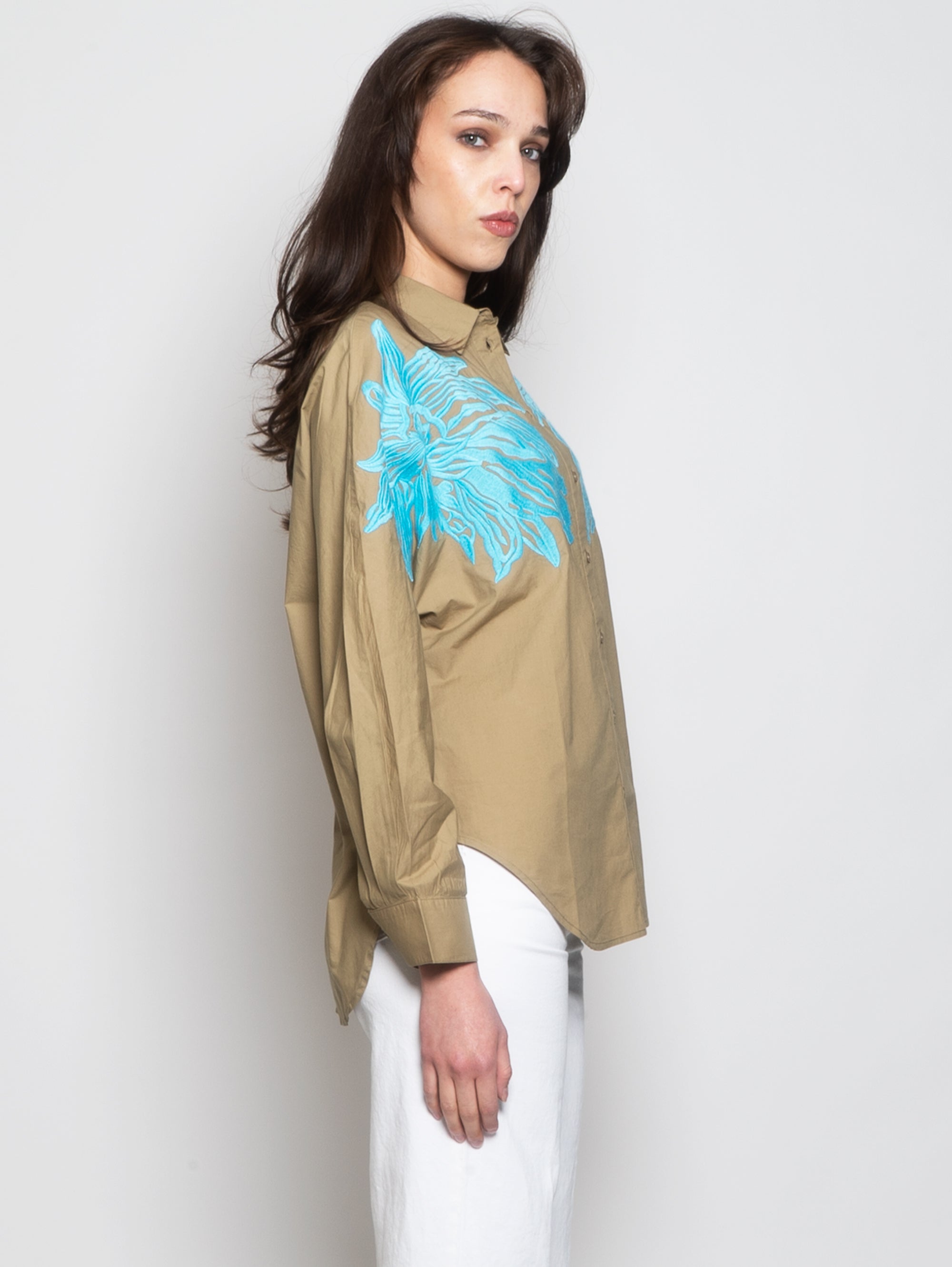 Shirt with Green Leaf Embroideries