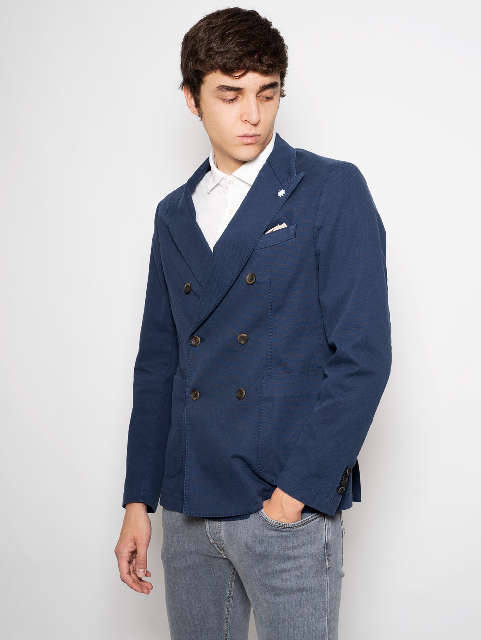 Double-Breasted Jacket in Blue Woven Cotton
