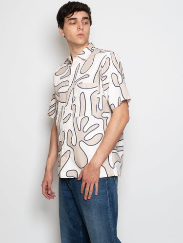 Camicia a Maniche Corte con Stampa Grafica Beige