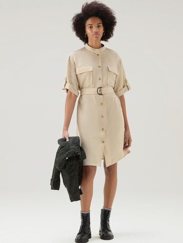 Linen Shirt Dress with Belt in Beige