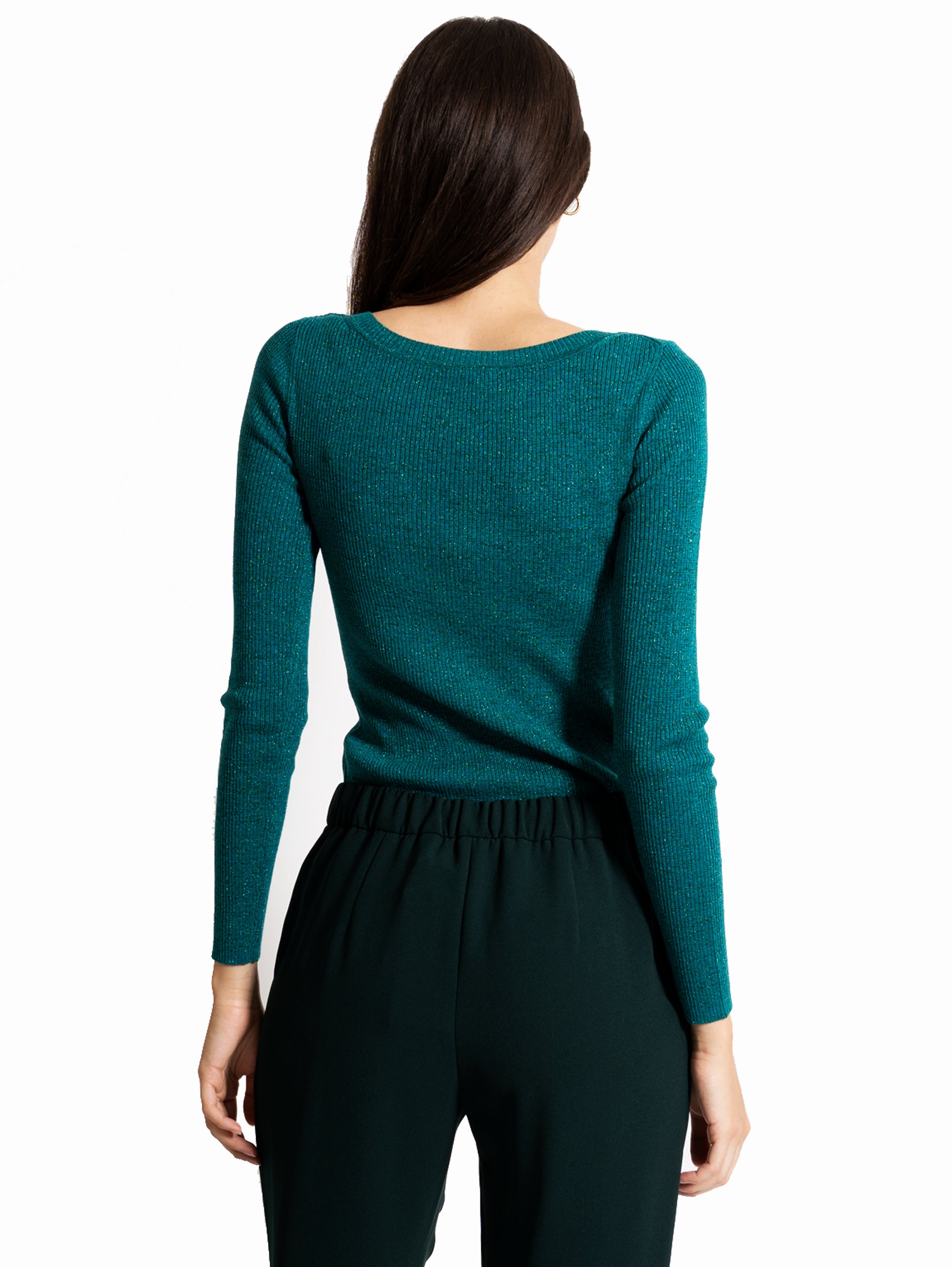 Grüner Lurex-Pullover mit V-Ausschnitt