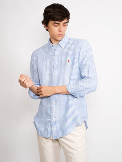 RALPH LAUREN-Camicia in Lino a Righe Blu/Bianco-TRYME Shop