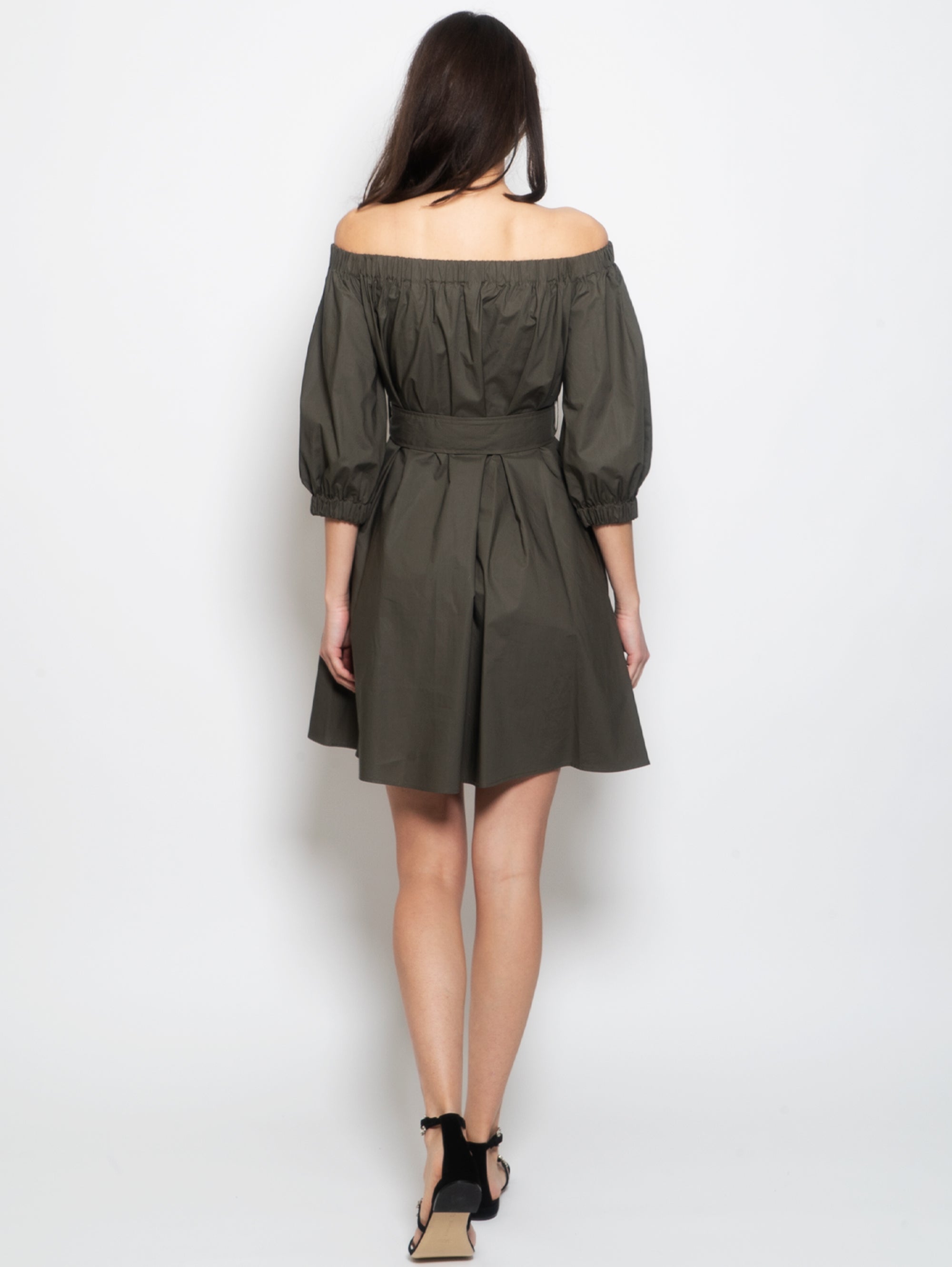 Short Pleated Dress in Green Cotton