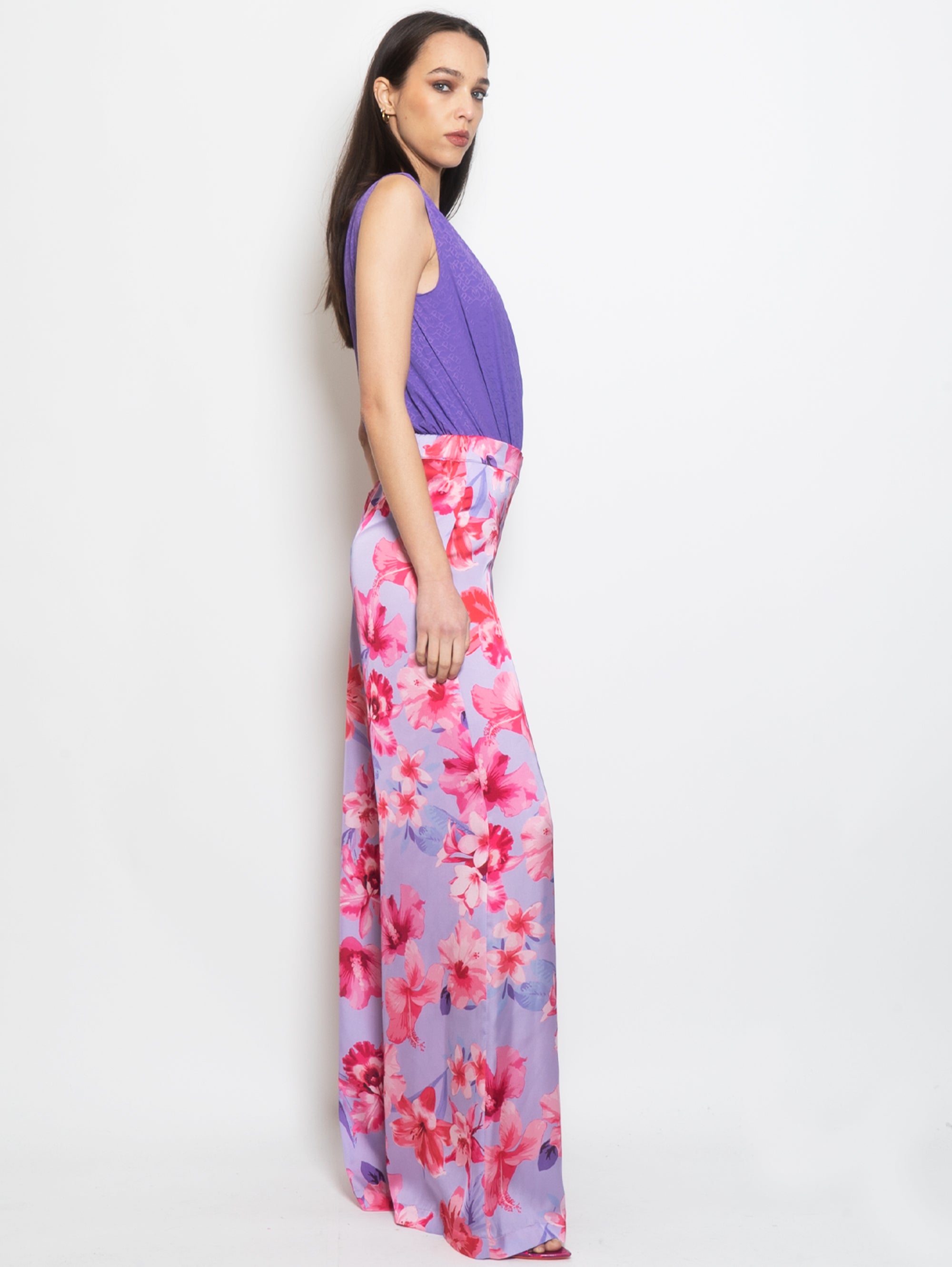 Satin Pants with Multicolor Flower Print