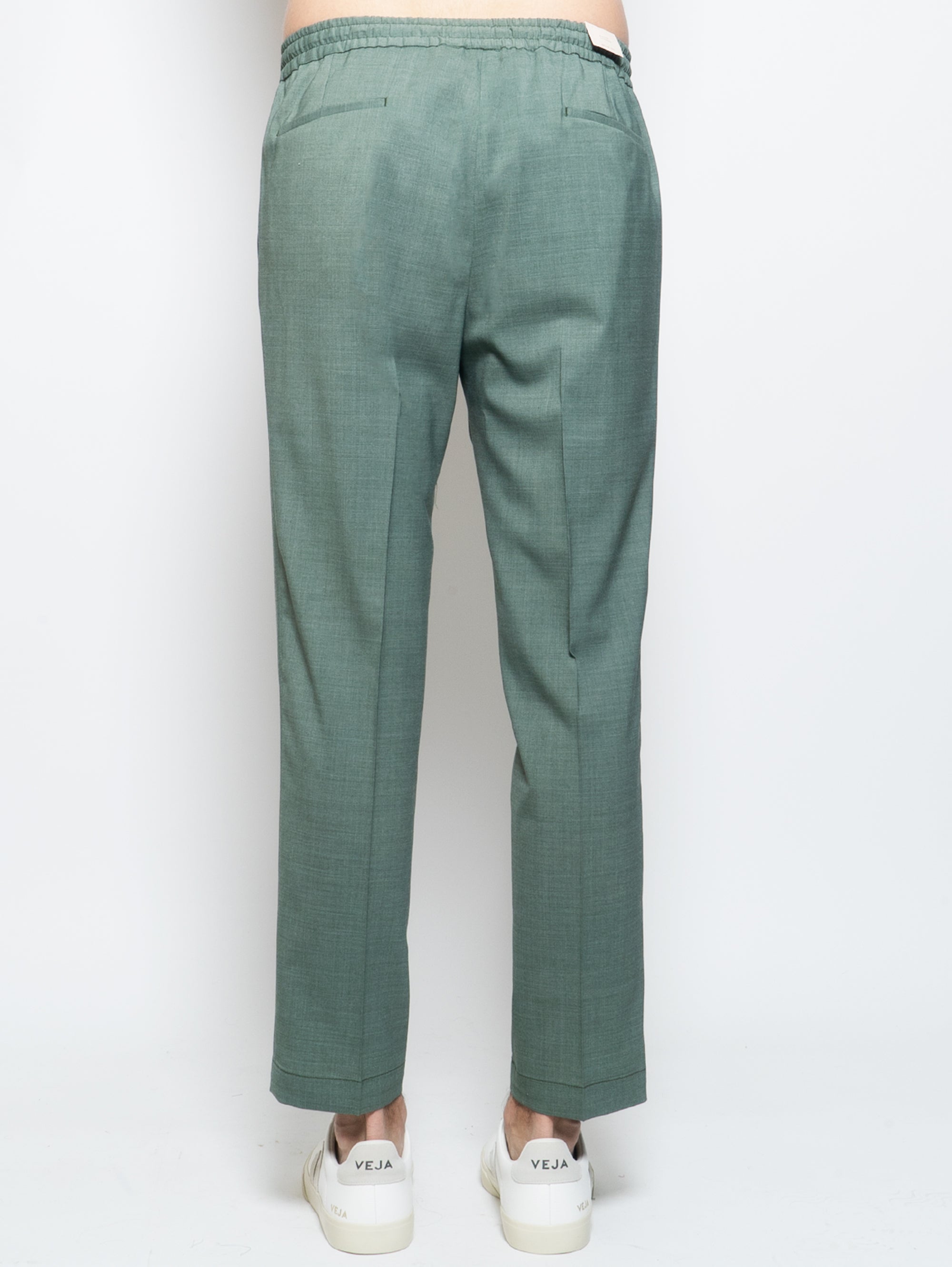 Pantaloni con Coulisse e Pinces in Misto Lana Verde