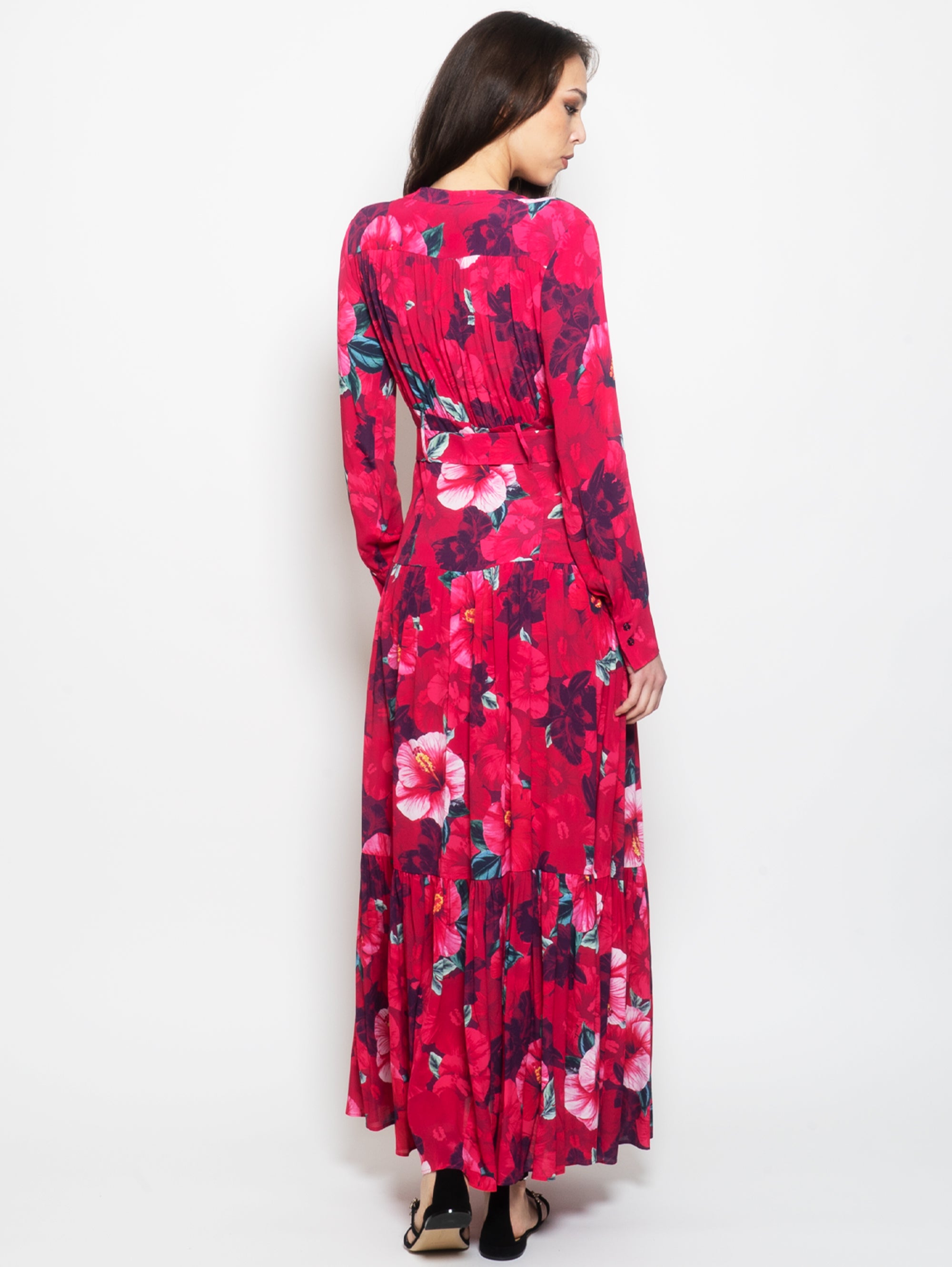 Langes Kleid mit fuchsiafarbenem Blumendruck