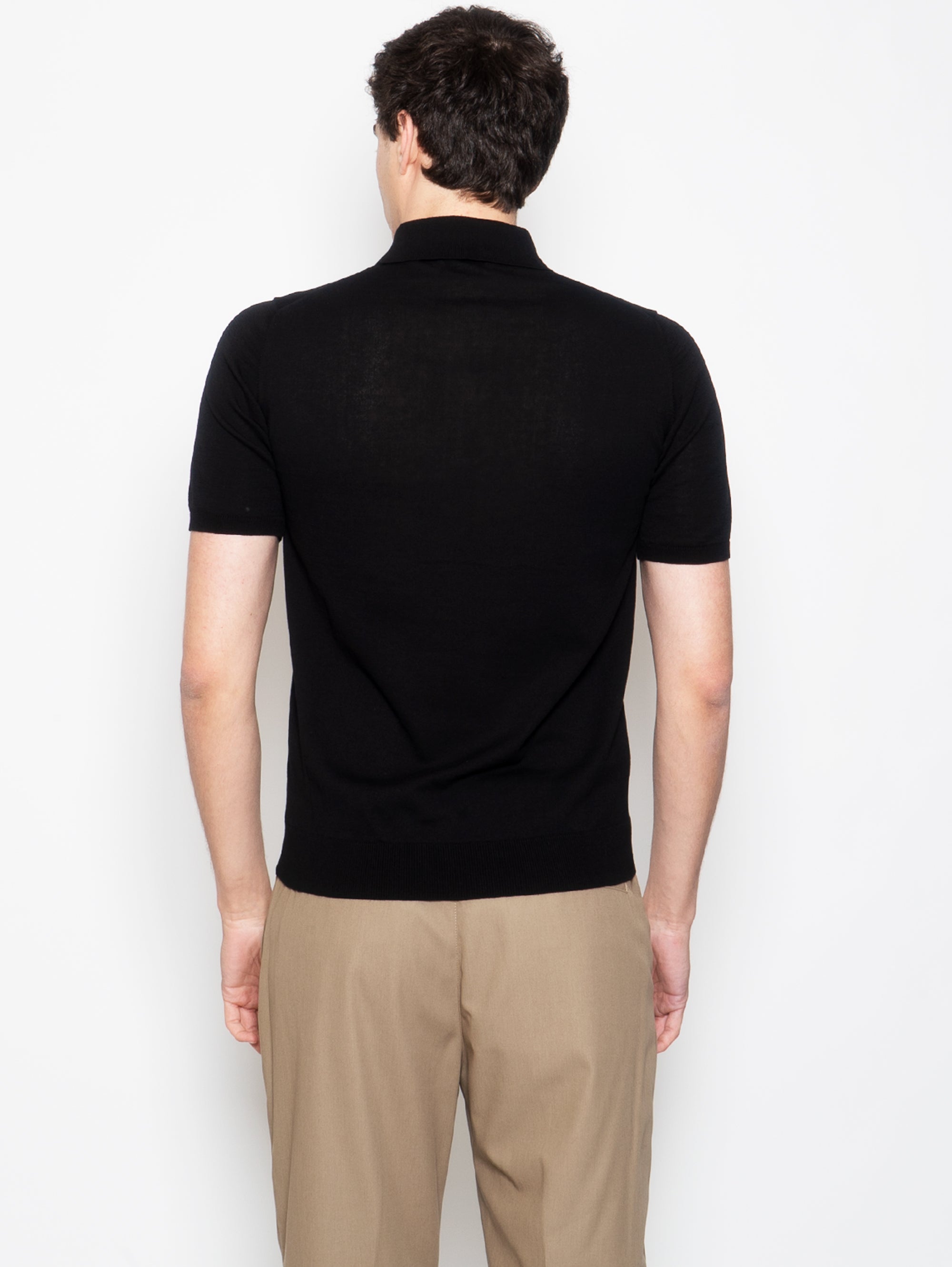 Black Short Sleeve Crepe Cotton Polo Shirt