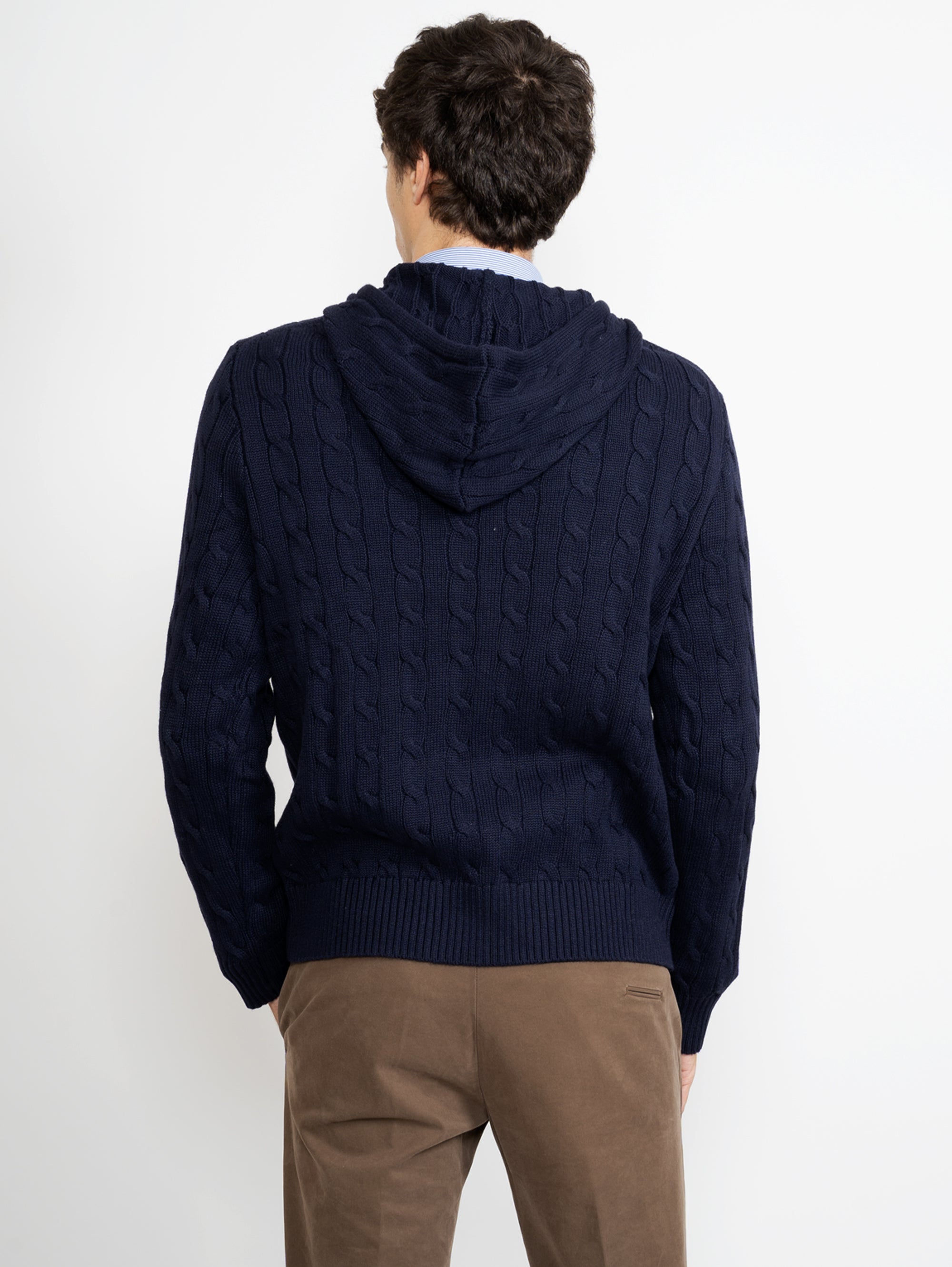 Blue Hooded Cable Sweater