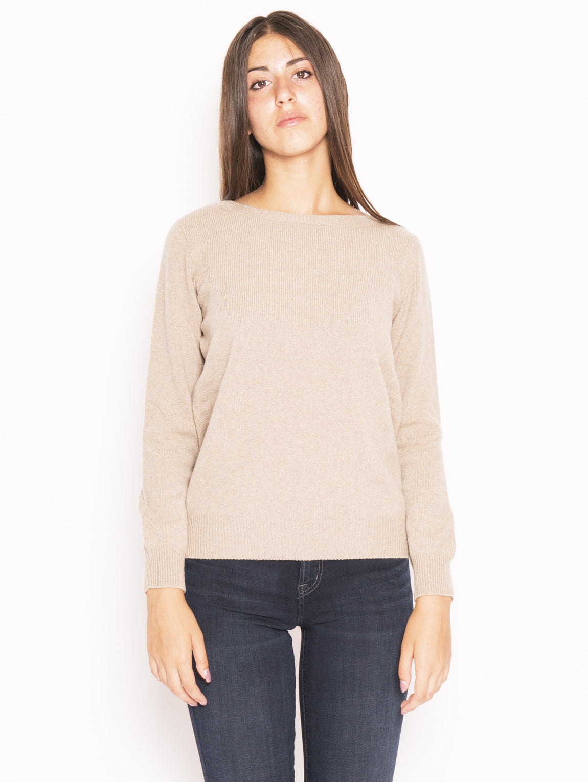 Crewneck Sweater in Wool and Cashmere Beige