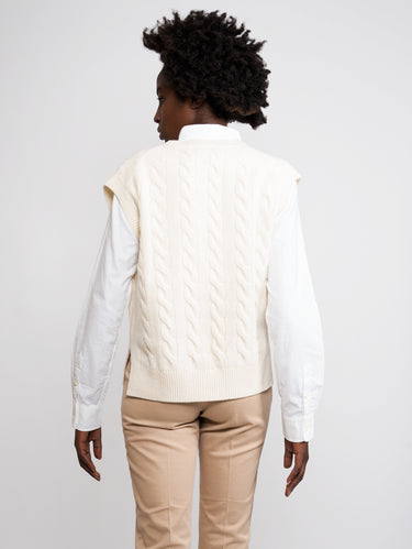 White V-Neck Cable Knit Vest