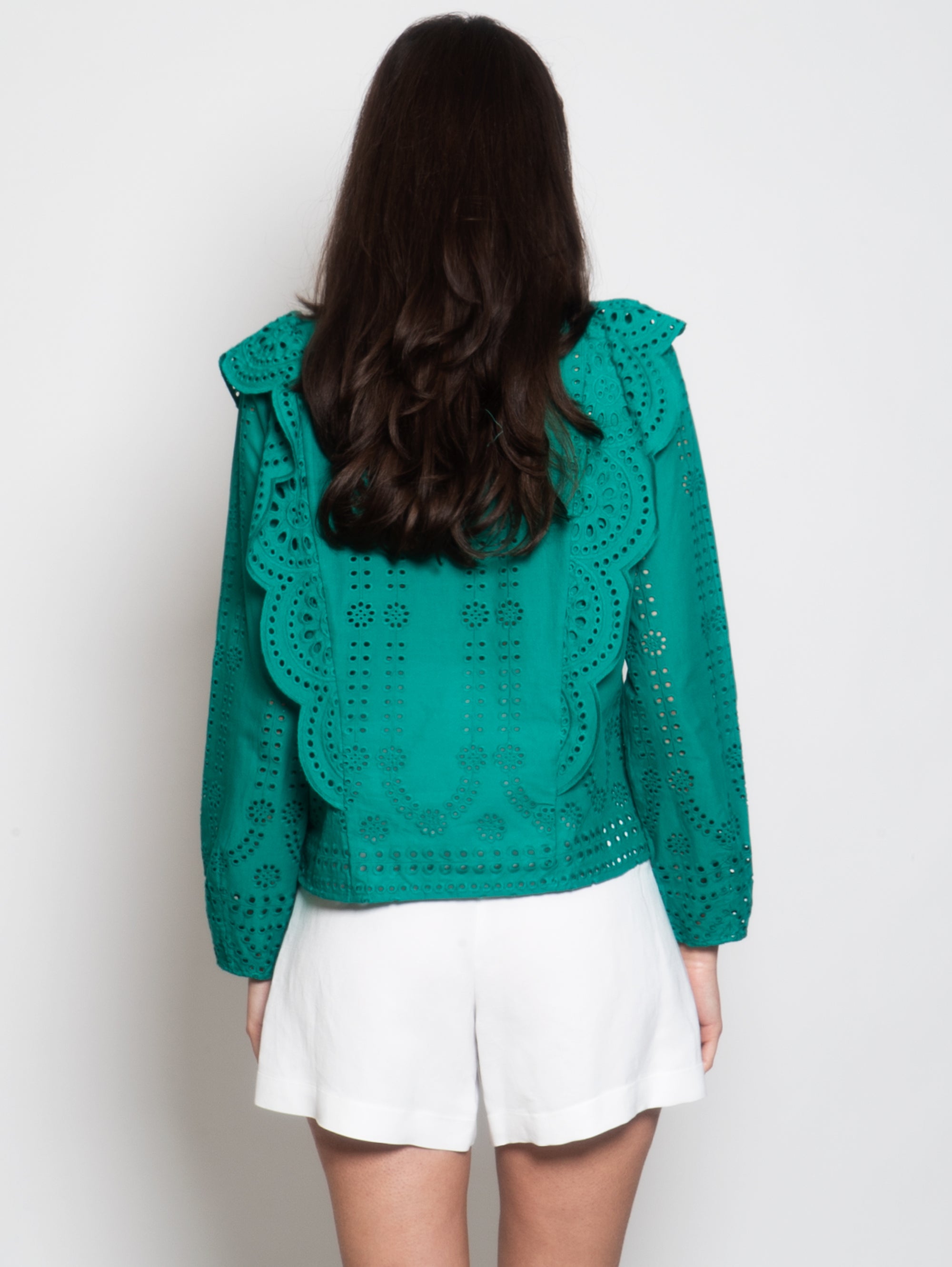 Cotton Round Neck Blouse with Green Embroideries