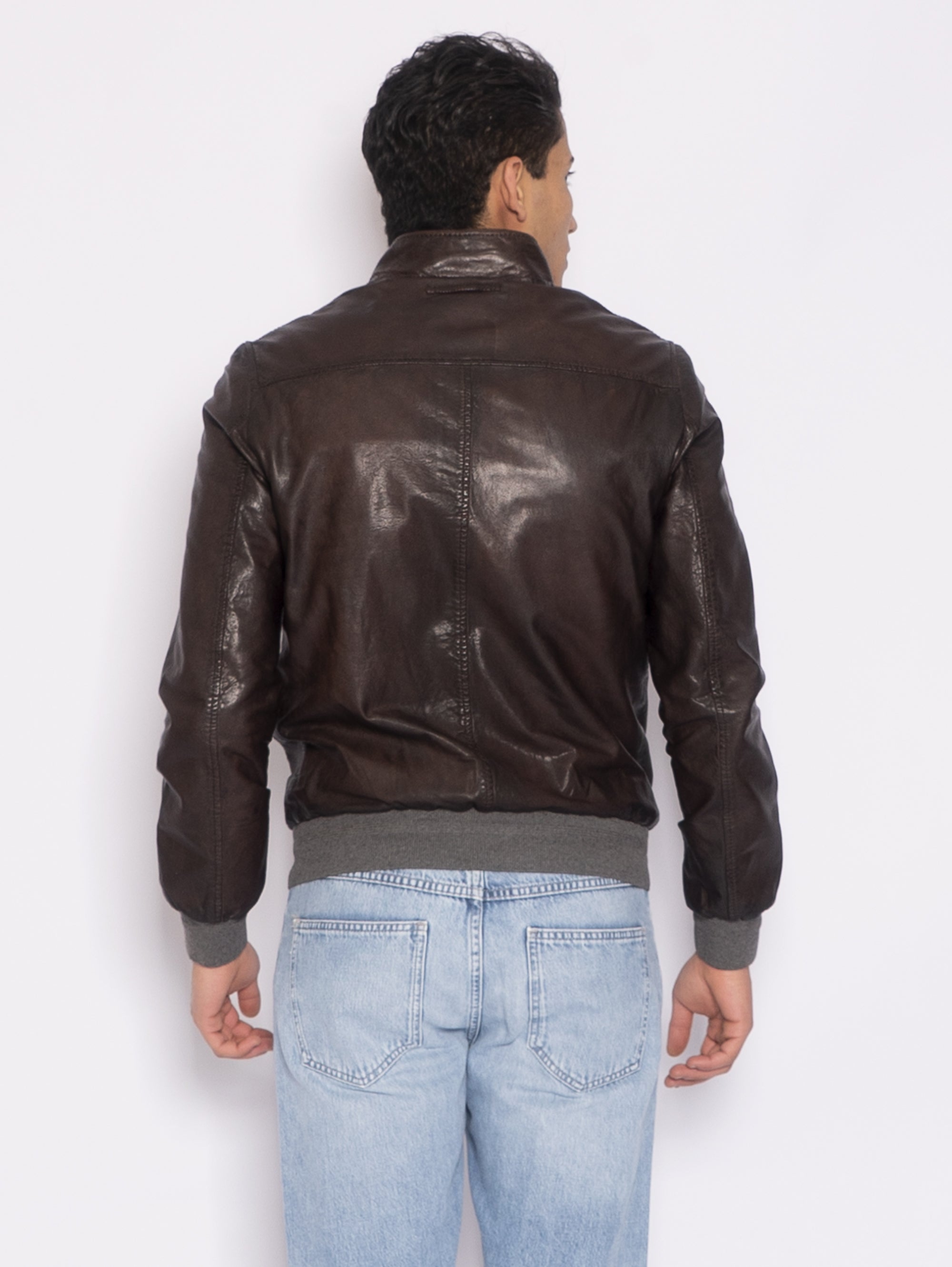 Harrington-Jacke aus dunkelbraunem Leder