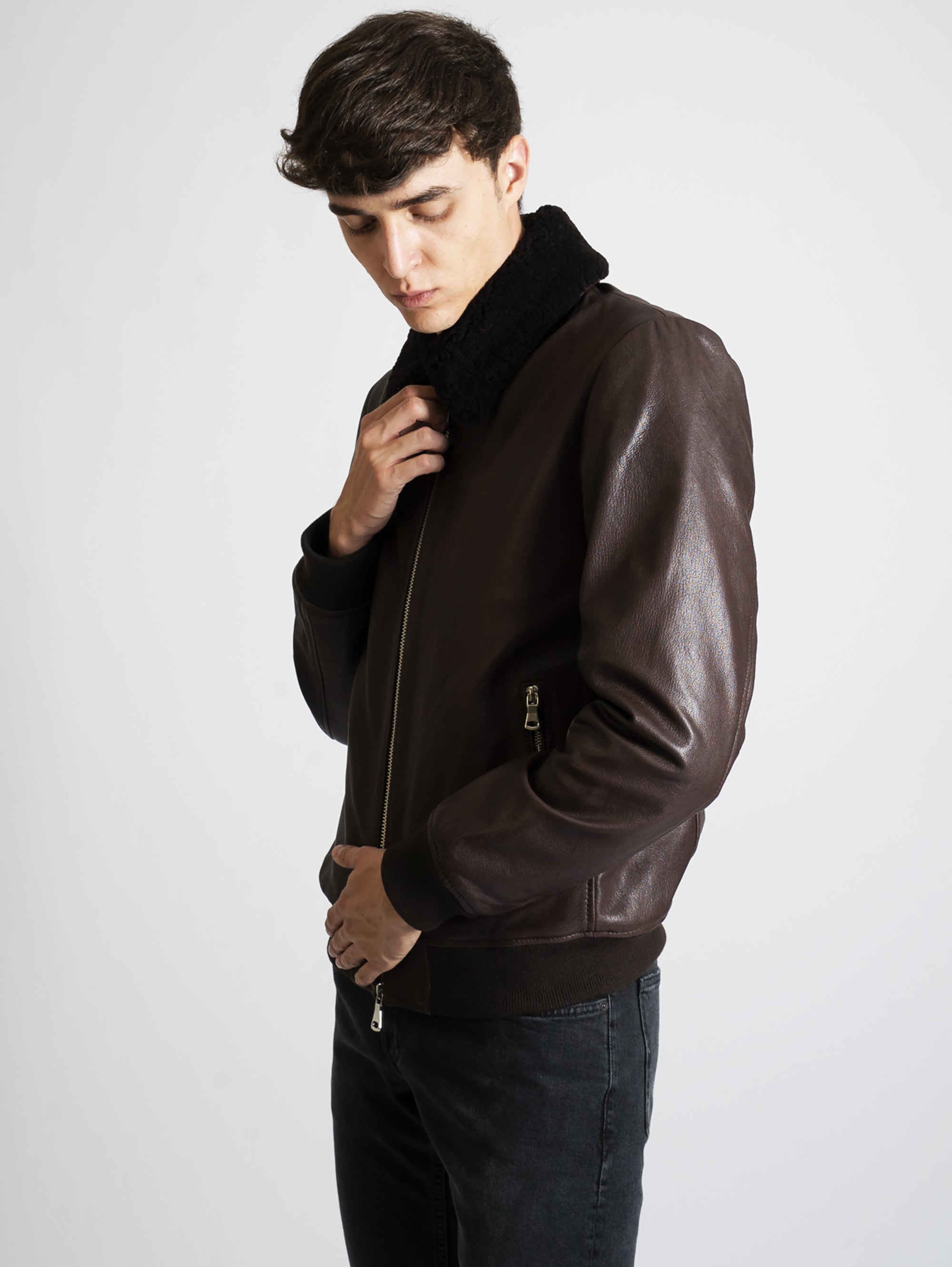 Leather jacket with dark brown sheepskin collar