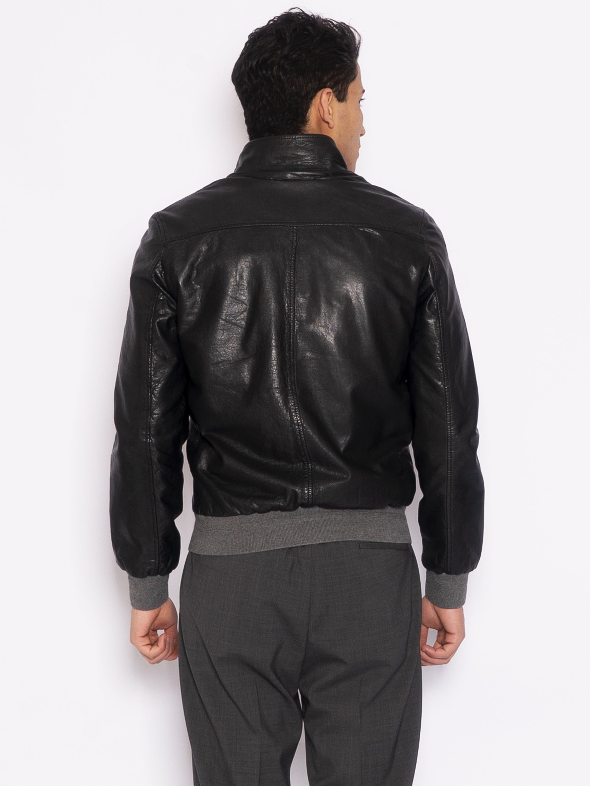 Harrington-Jacke aus schwarzem gewaschenem Leder