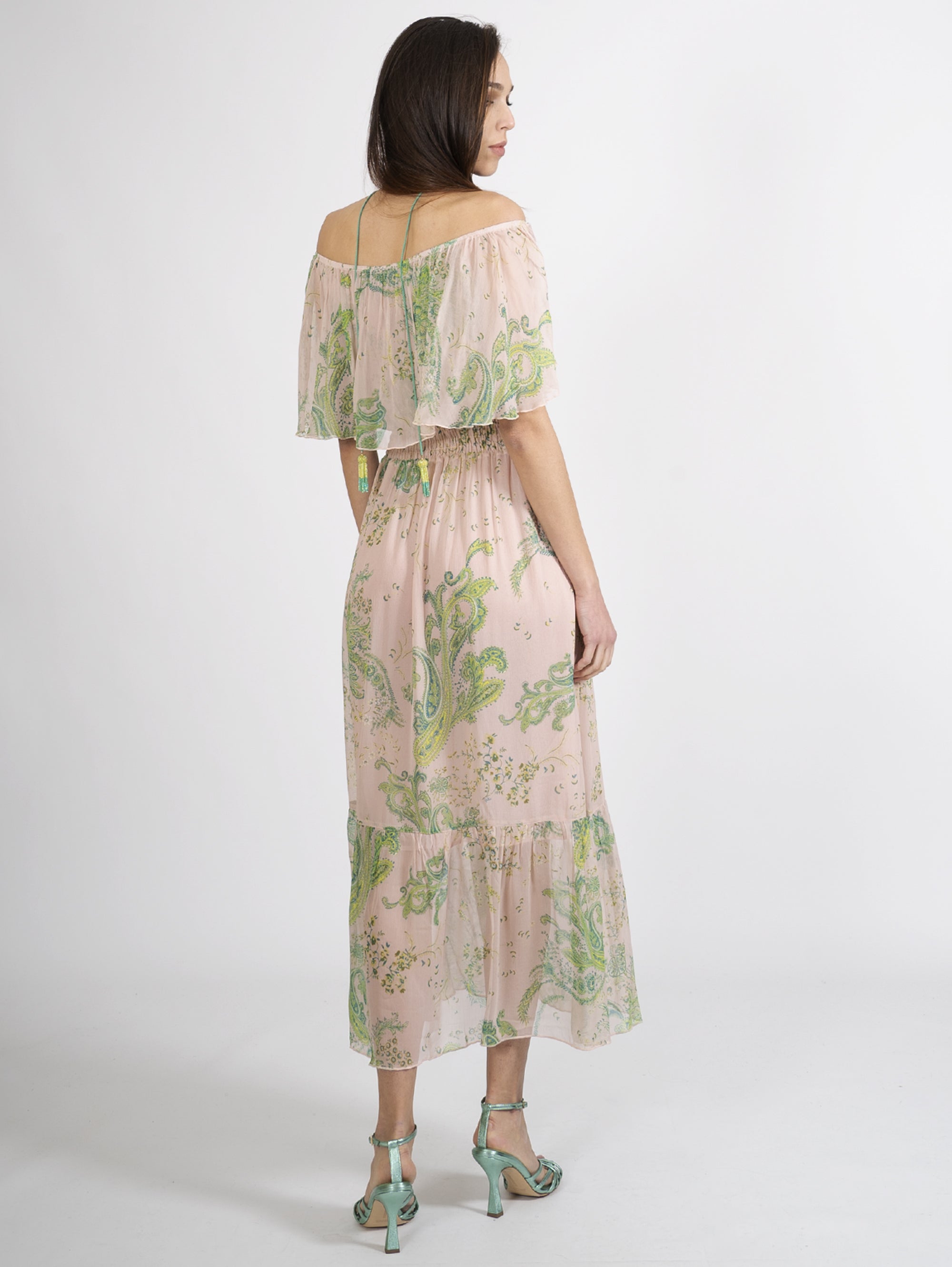 Langes Kleid mit rosa / grünem Kaschmir-Print