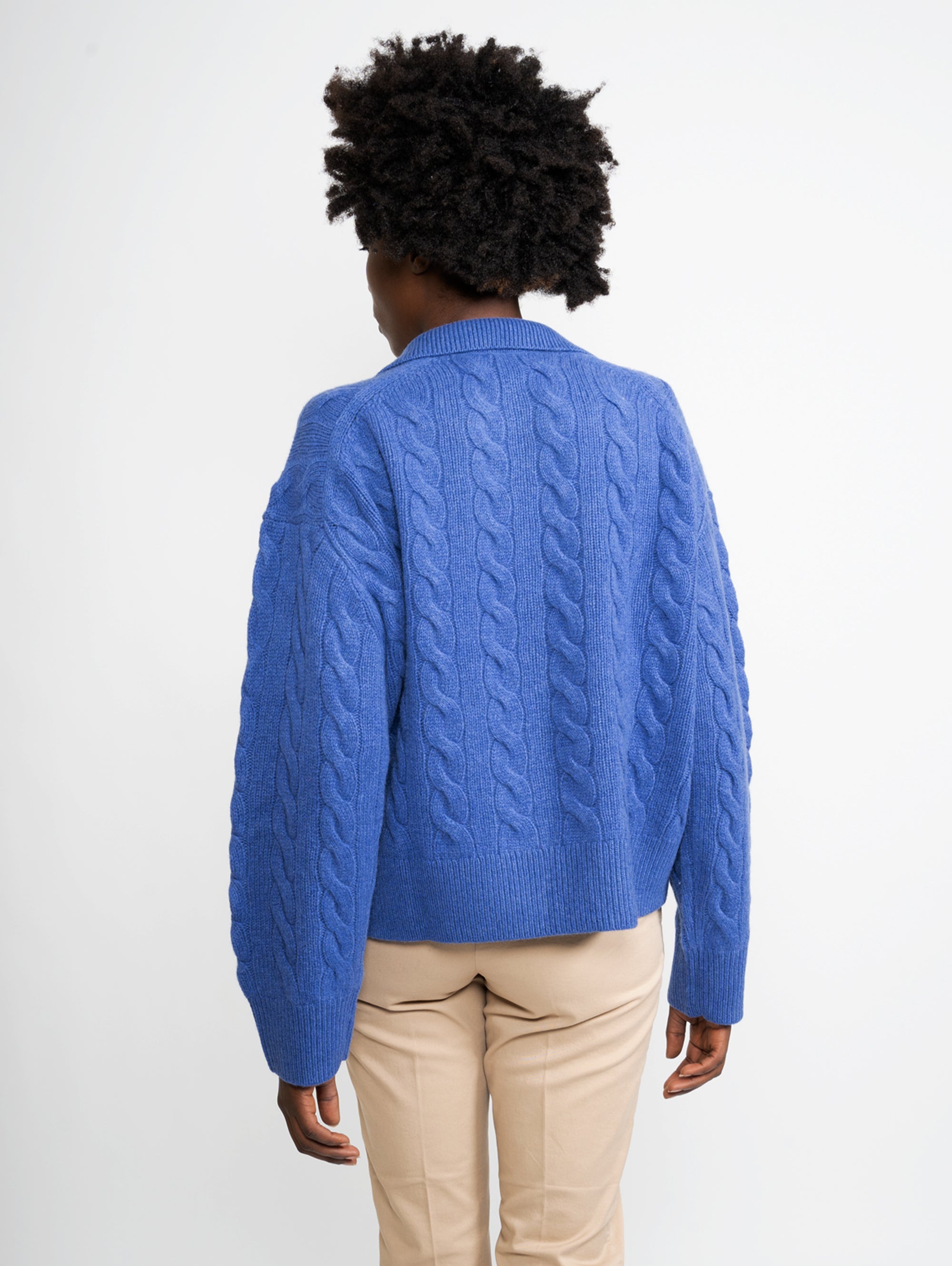 Cable-knit Sweater with Sapphire Blue Polo Neck