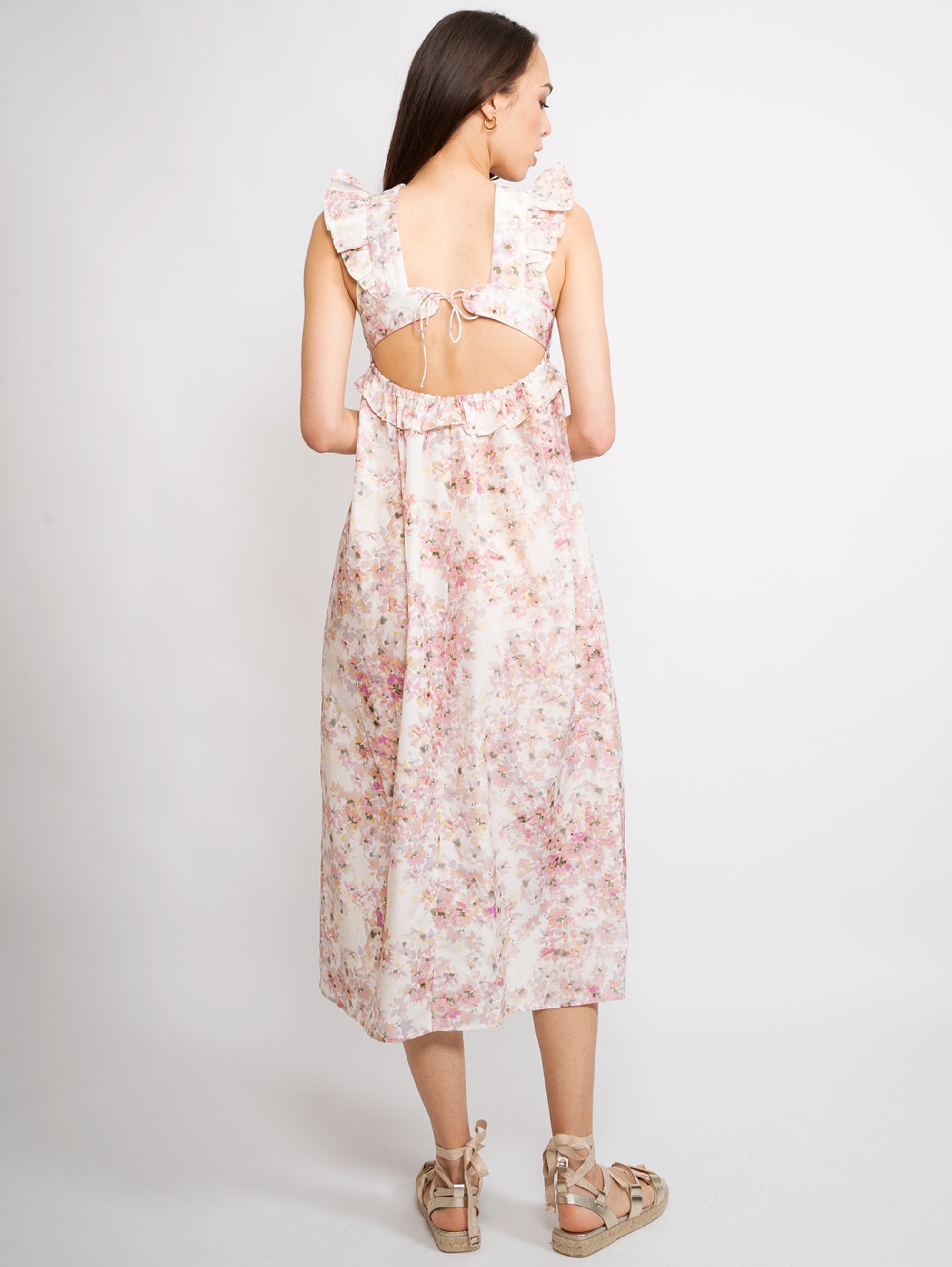 Longuette Dress with Pink Floral Pattern
