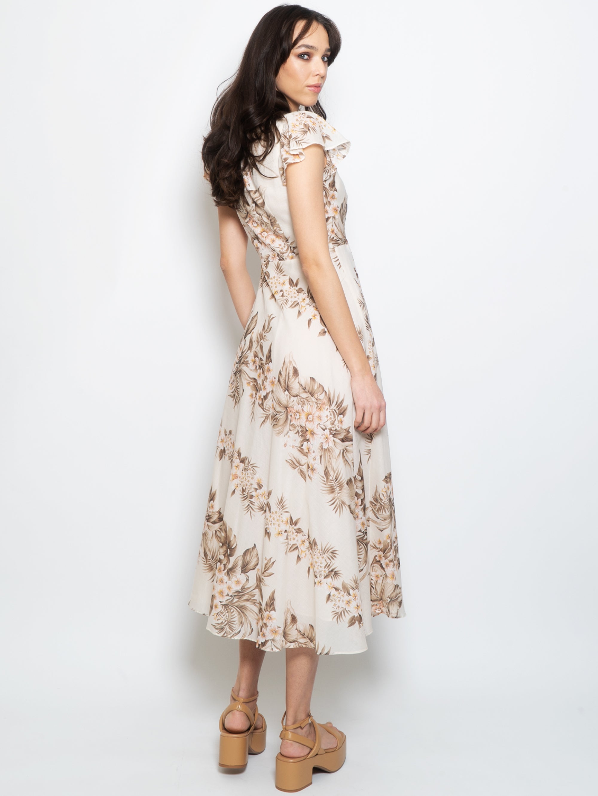 Langes Kleid aus Baumwoll-Musselin in Elfenbein/Rosa