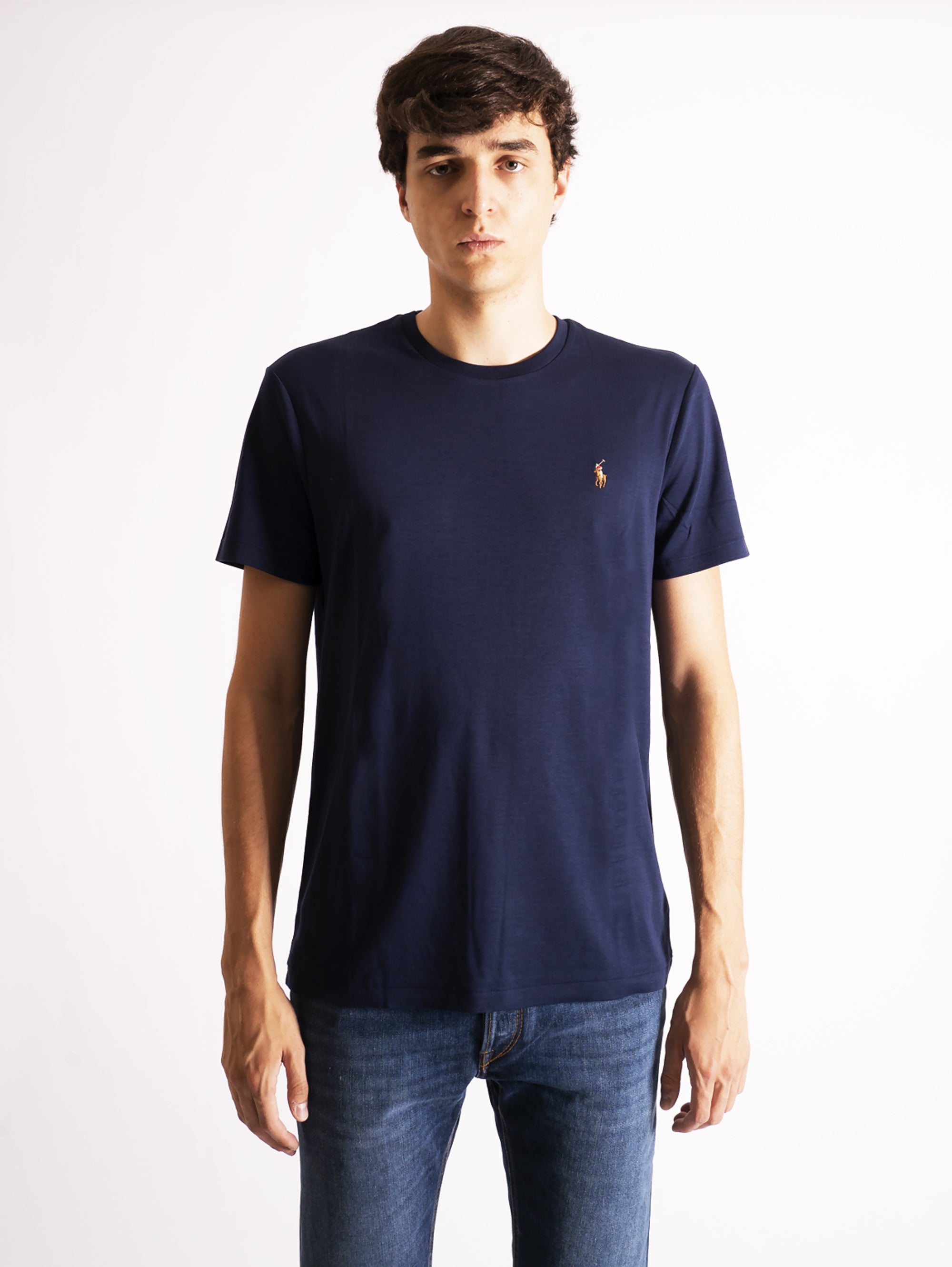 T-Shirt mit Rundhalsausschnitt aus blauer Baumwolle