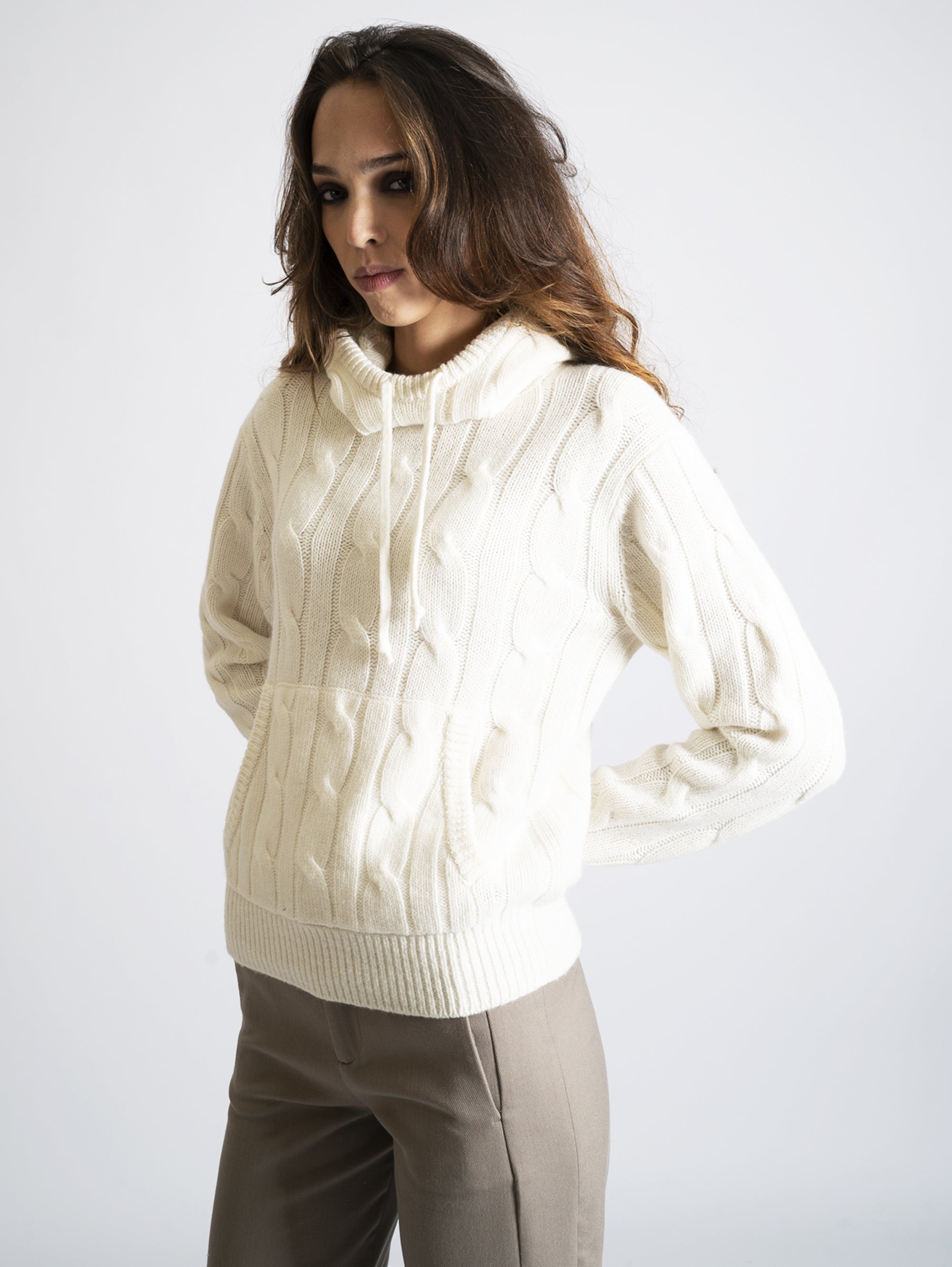 Hooded Cable Sweater Cream