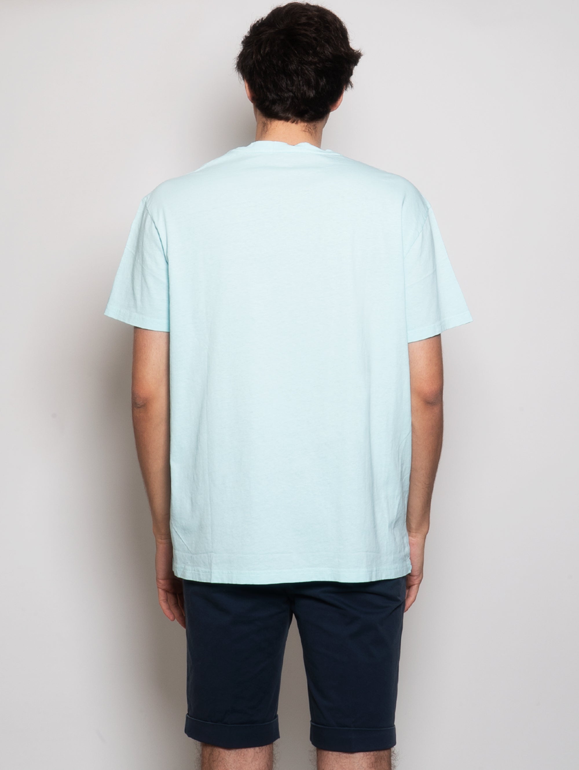 T-Shirt aus Baumwolle und Leinen mit Aqua-Tasche