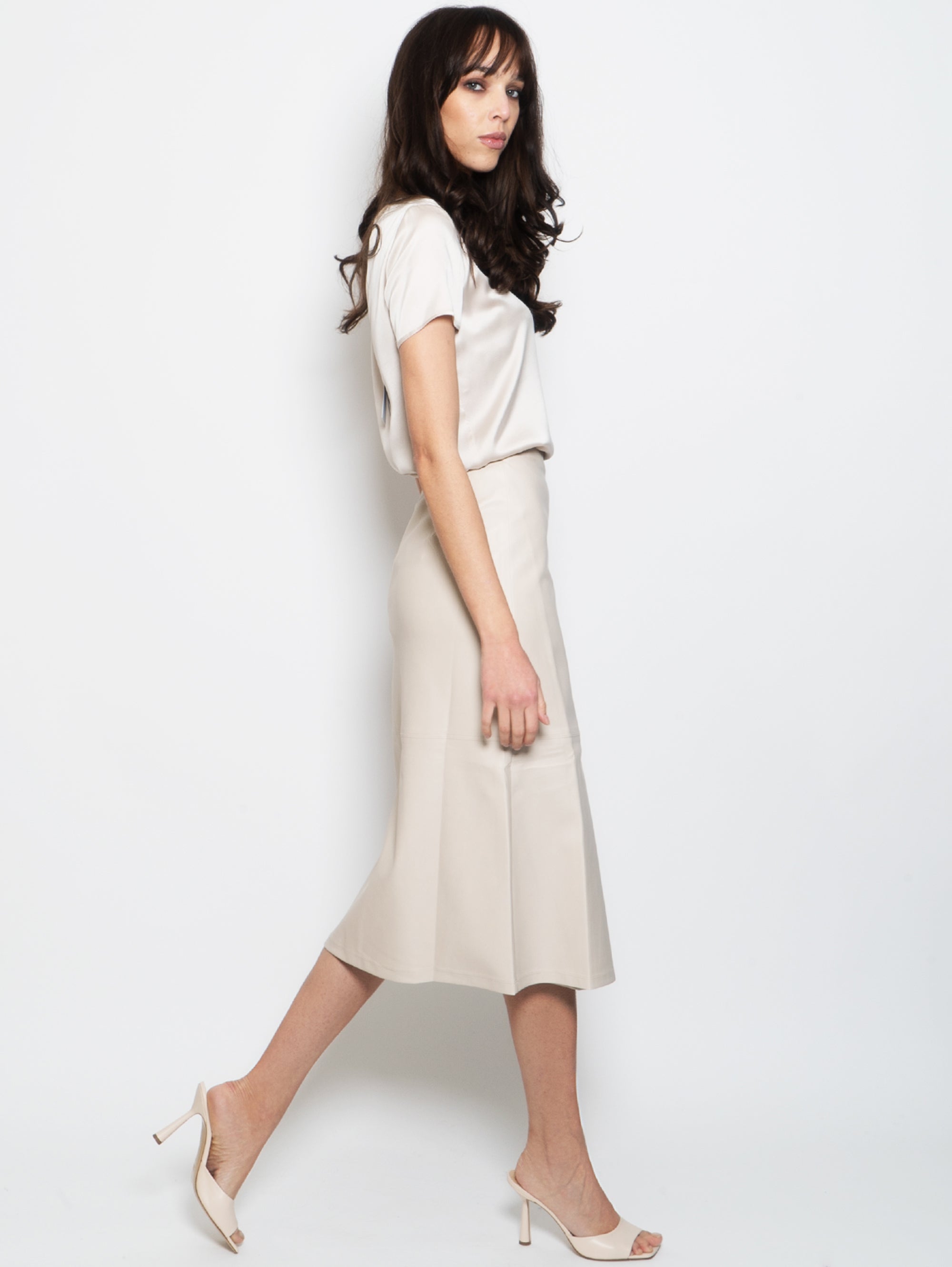 Midi Skirt in Ivory Faux Leather