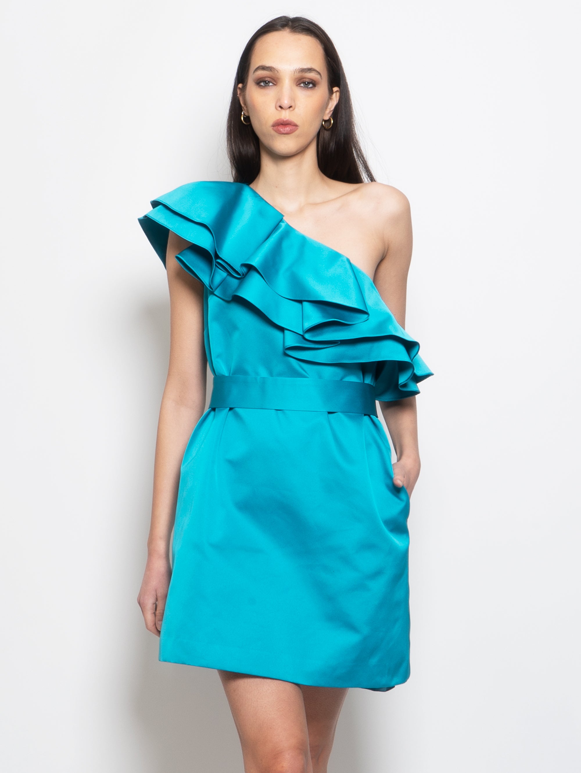 One Shoulder Dress with Turquoise Rouches