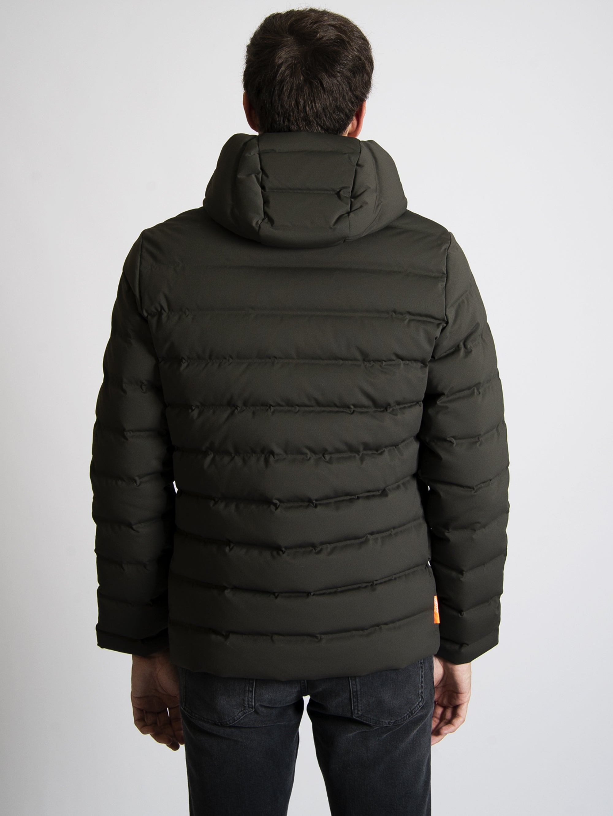 Short Down Jacket with Military Green Hood