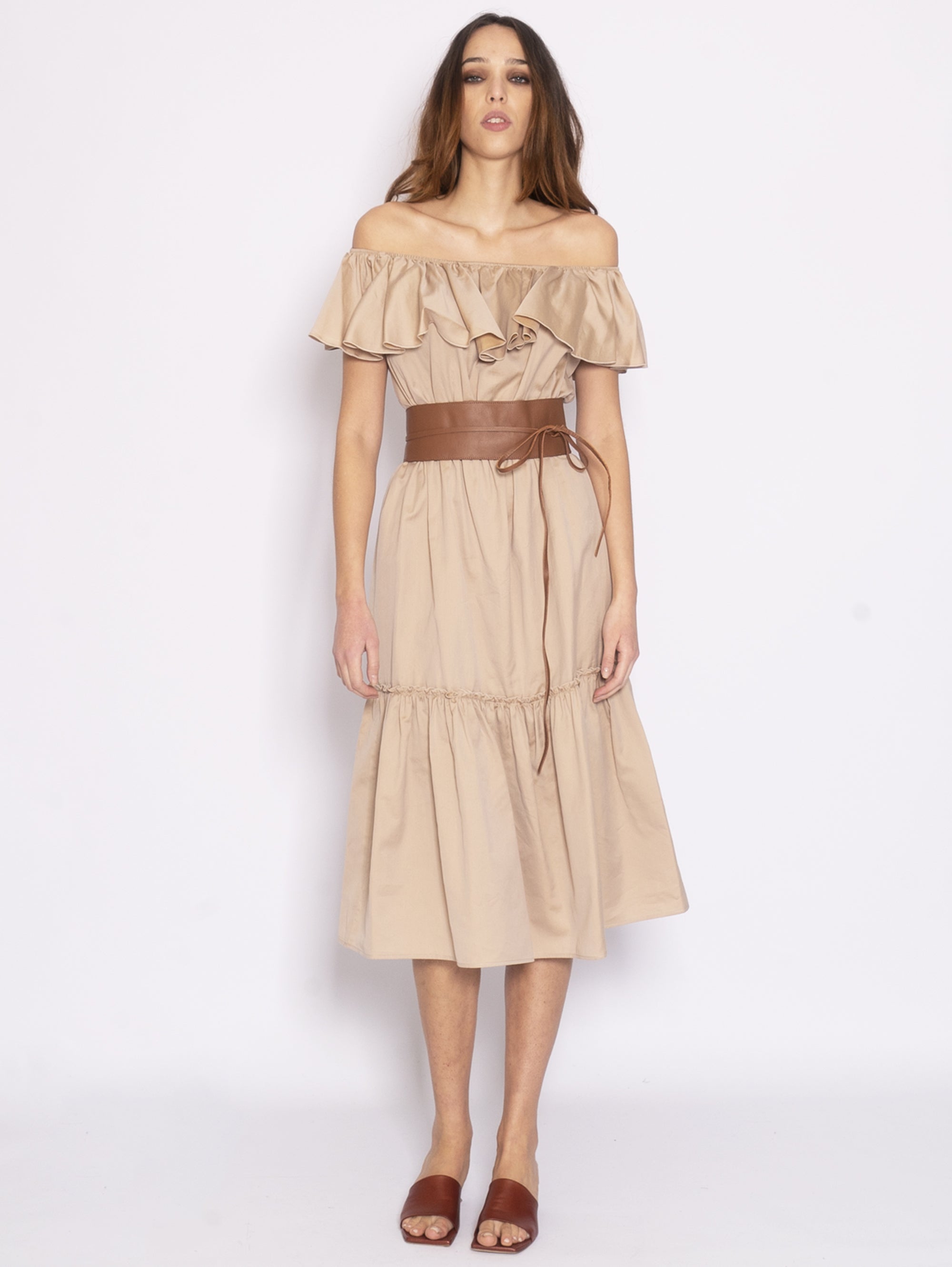 Long Dress with Rouches - Biscuit