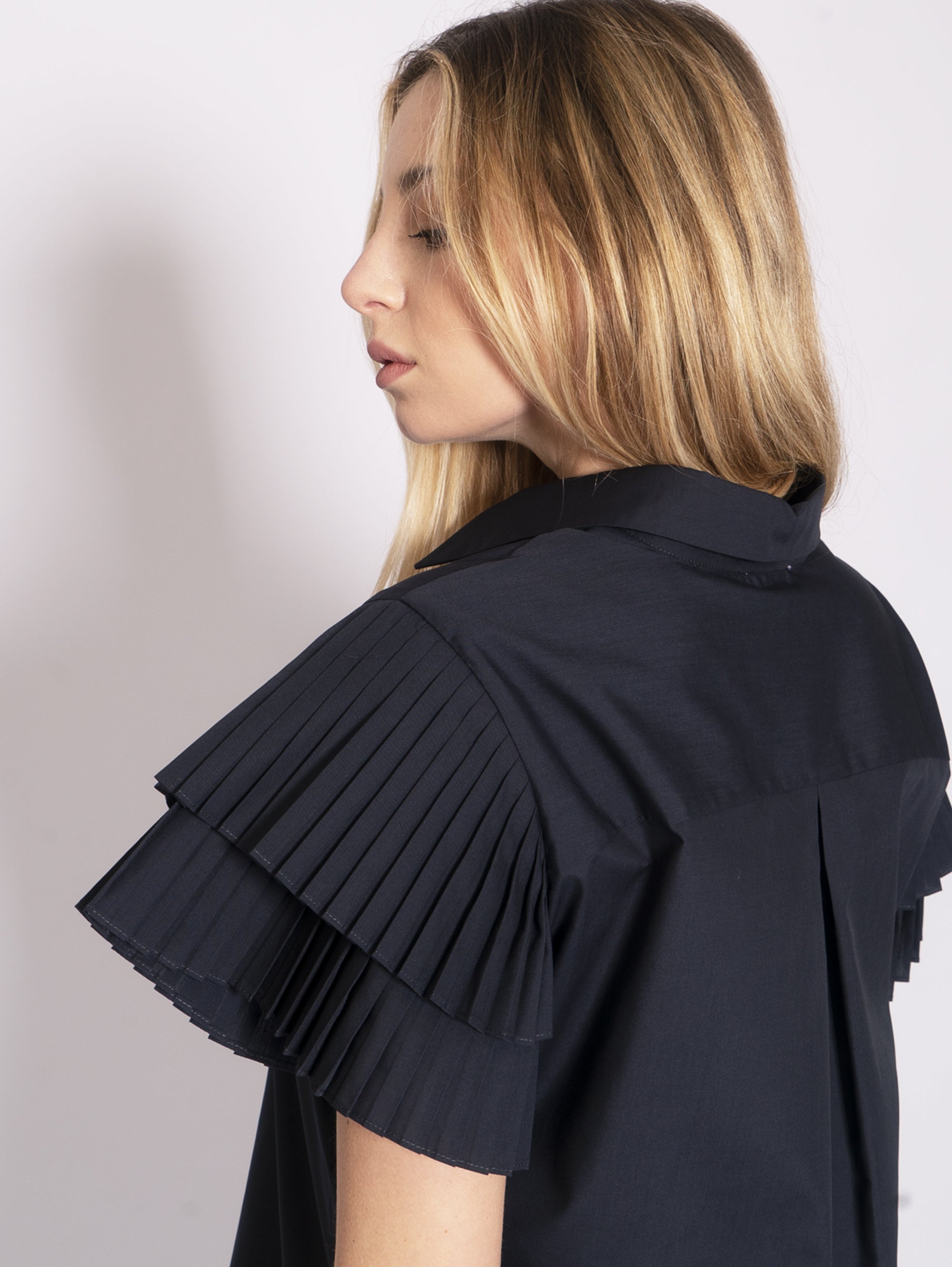 Shirt with Blue Pleated Sleeves