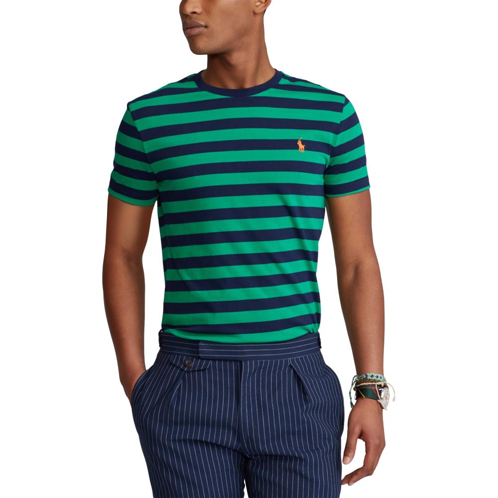 Custom Green Striped Cotton T-Shirt