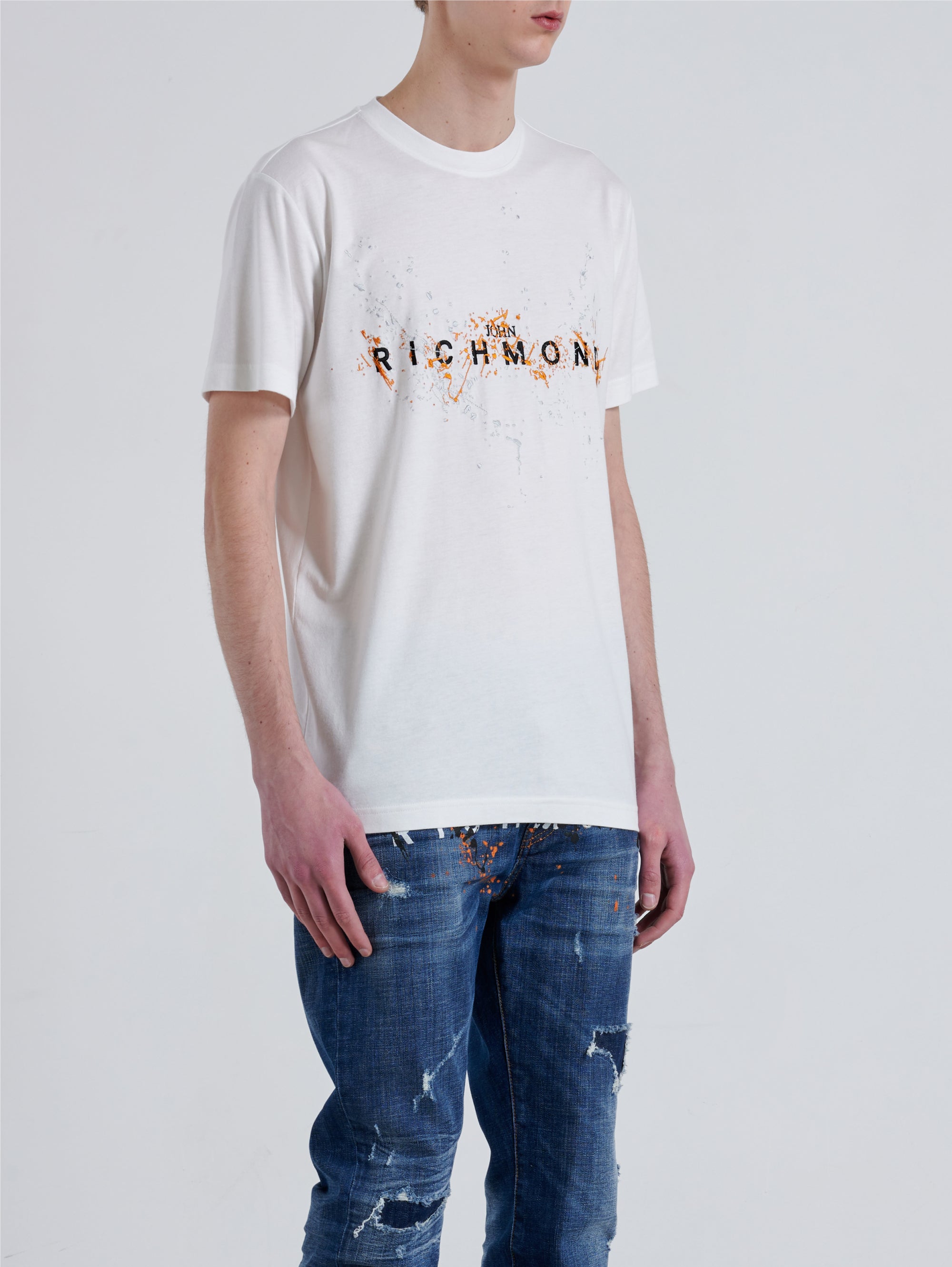 JOHN RICHMOND-T-shirt con Schizzi Ricamati Bianco-TRYME Shop