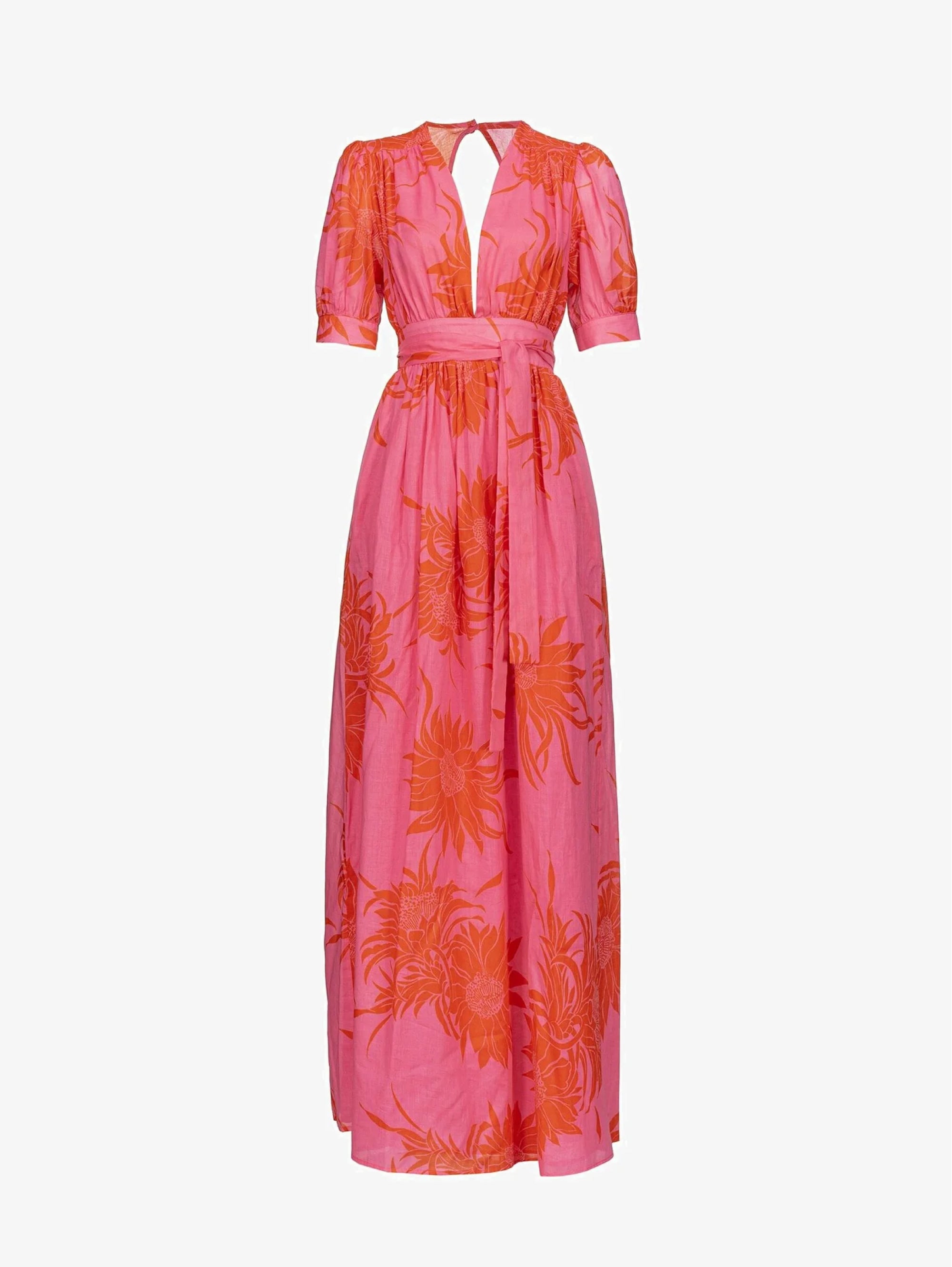 Langes Kleid mit rosa/rotem Makro-Blumendruck