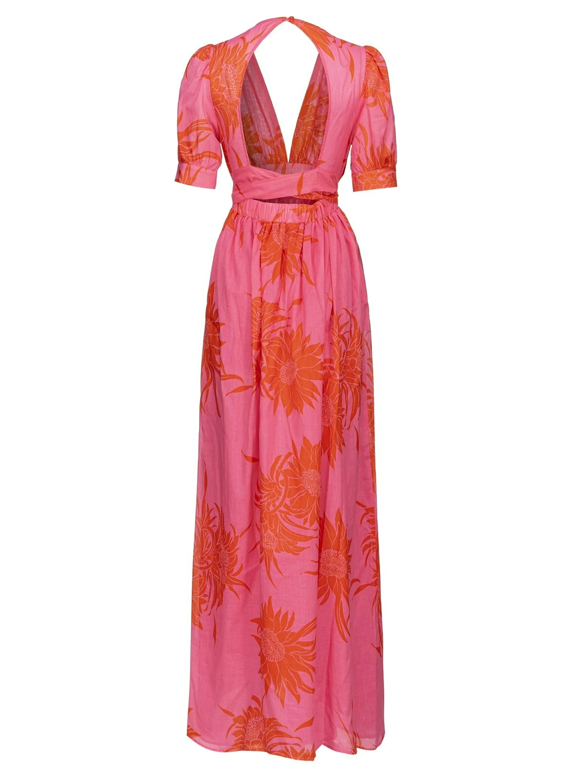 Langes Kleid mit rosa/rotem Makro-Blumendruck