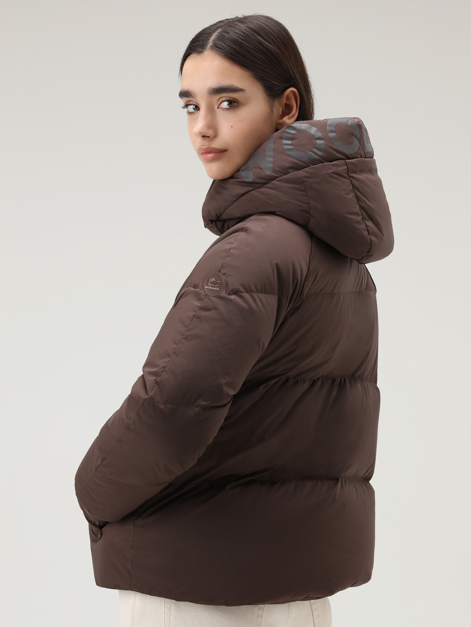 Short Down Jacket with Detachable Brown Hood