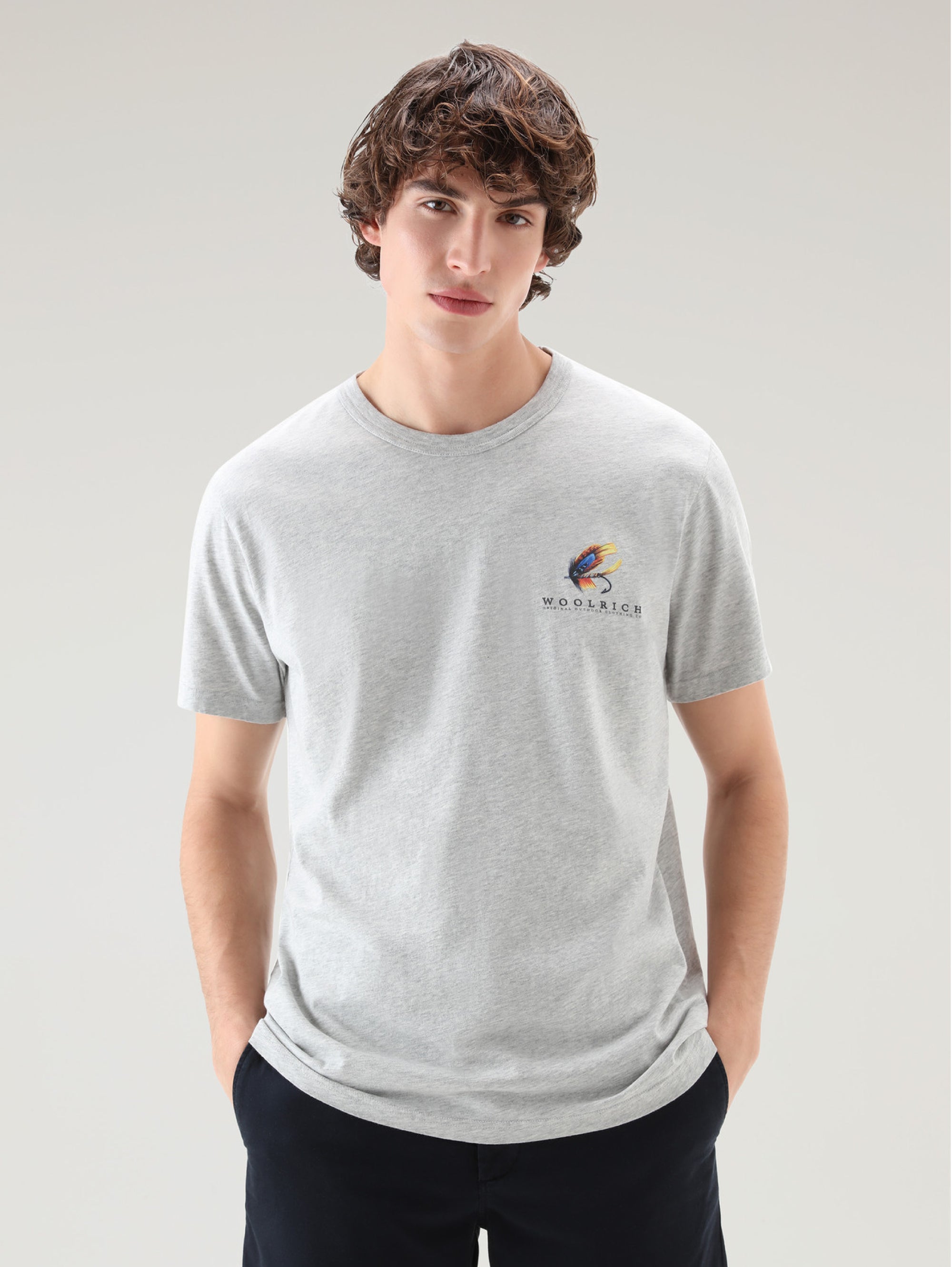 WOOLRICH-T-shirt con Stampa sul Petto e Posteriore Grigio-TRYME Shop