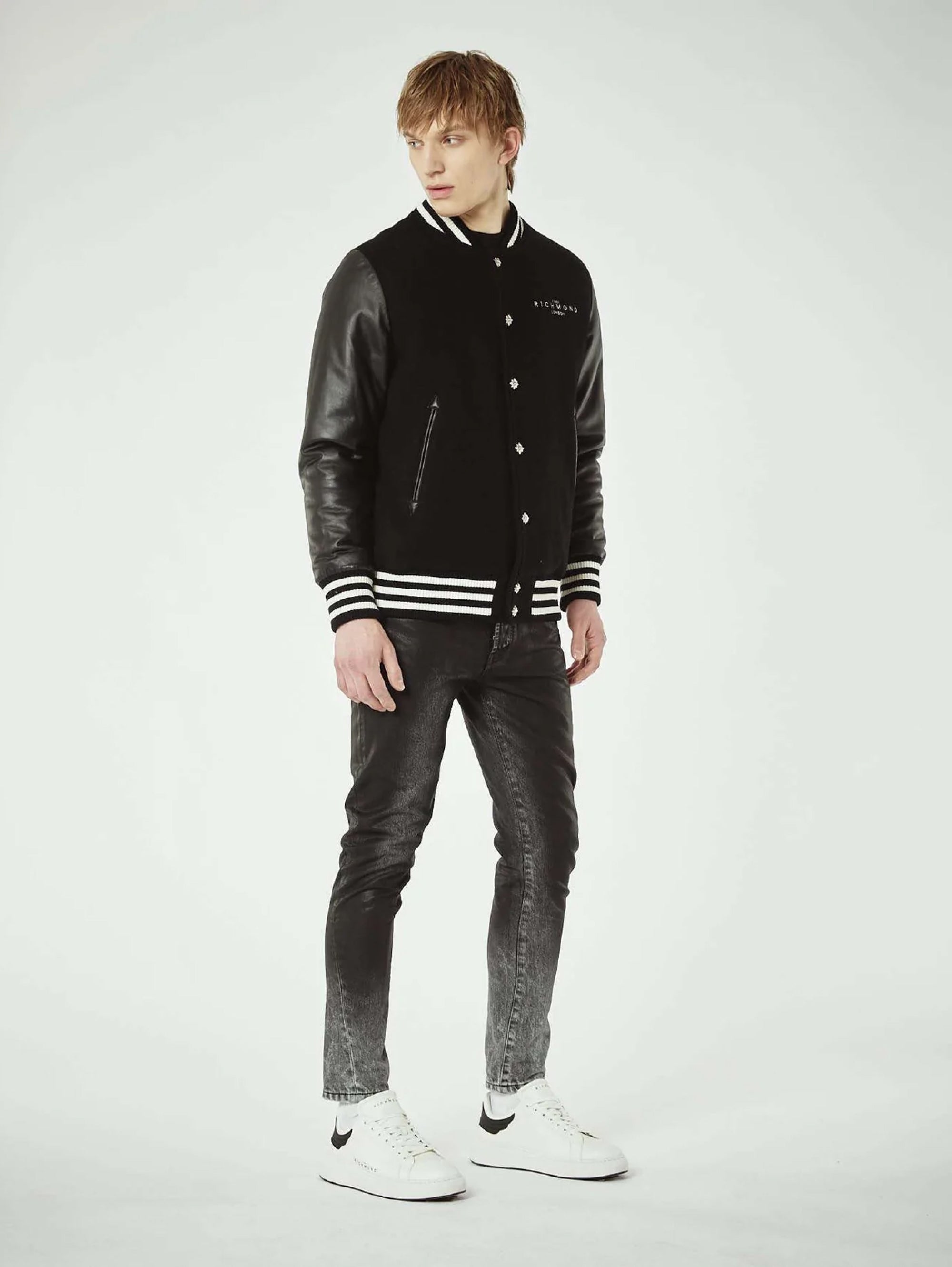 Varcity Bomber in Black Wool and Leather